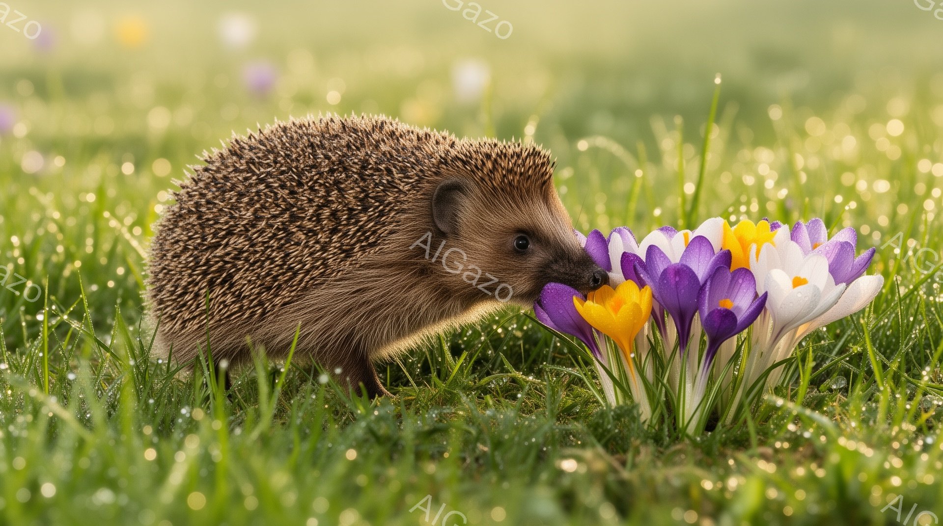 緑の草むらの中で、ハリネズミが紫と黄色のクロッカスを嗅いでいる。朝日が差し込み、草の葉に露が光っている。春の穏やかな朝の光景で、暖かく優しい雰囲気を感じさせる。