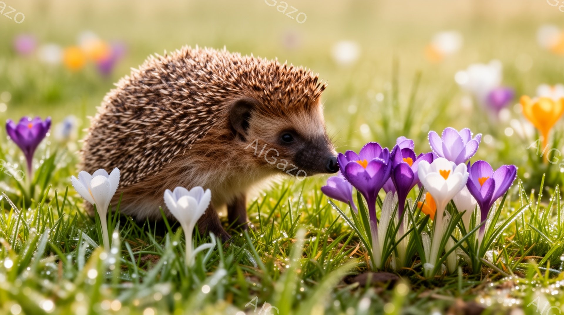 緑の草原に咲くクロッカスの中で、ハリネズミが鼻を近づけて花を嗅いでいる。柔らかな光が差し込み、春の訪れを感じさせる、穏やかで優しい雰囲気の風景だ。ハリネズミの毛並みや花びらの質感も細かく表現されている。