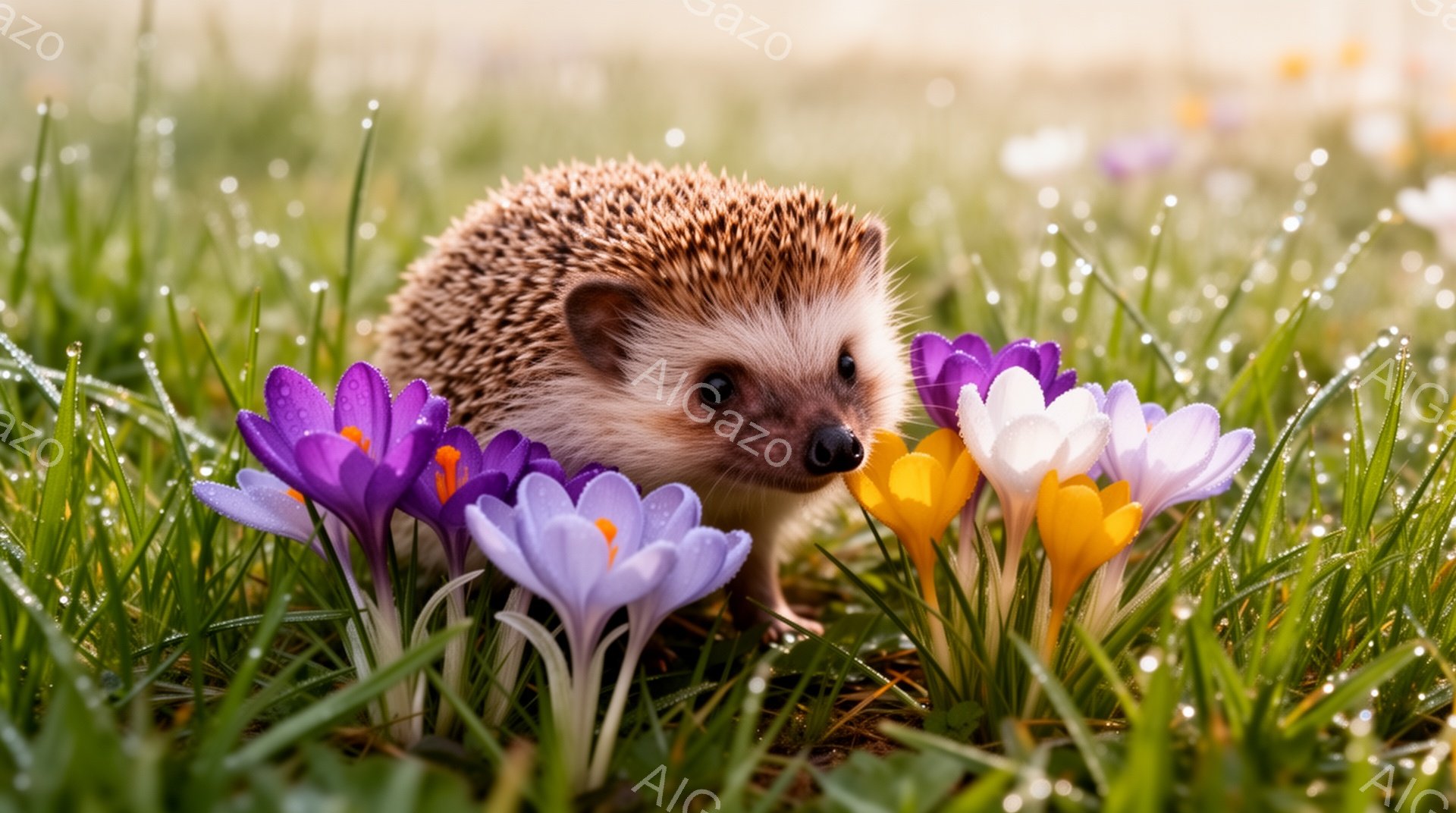 緑の草原に咲く紫と黄色のクロッカスに囲まれ、小さなハリネズミが顔を覗かせています。朝日が柔らかく光を当て、露に濡れた草の葉がキラキラと輝いています。春の訪れを感じさせる、温かく可愛らしい光景です。