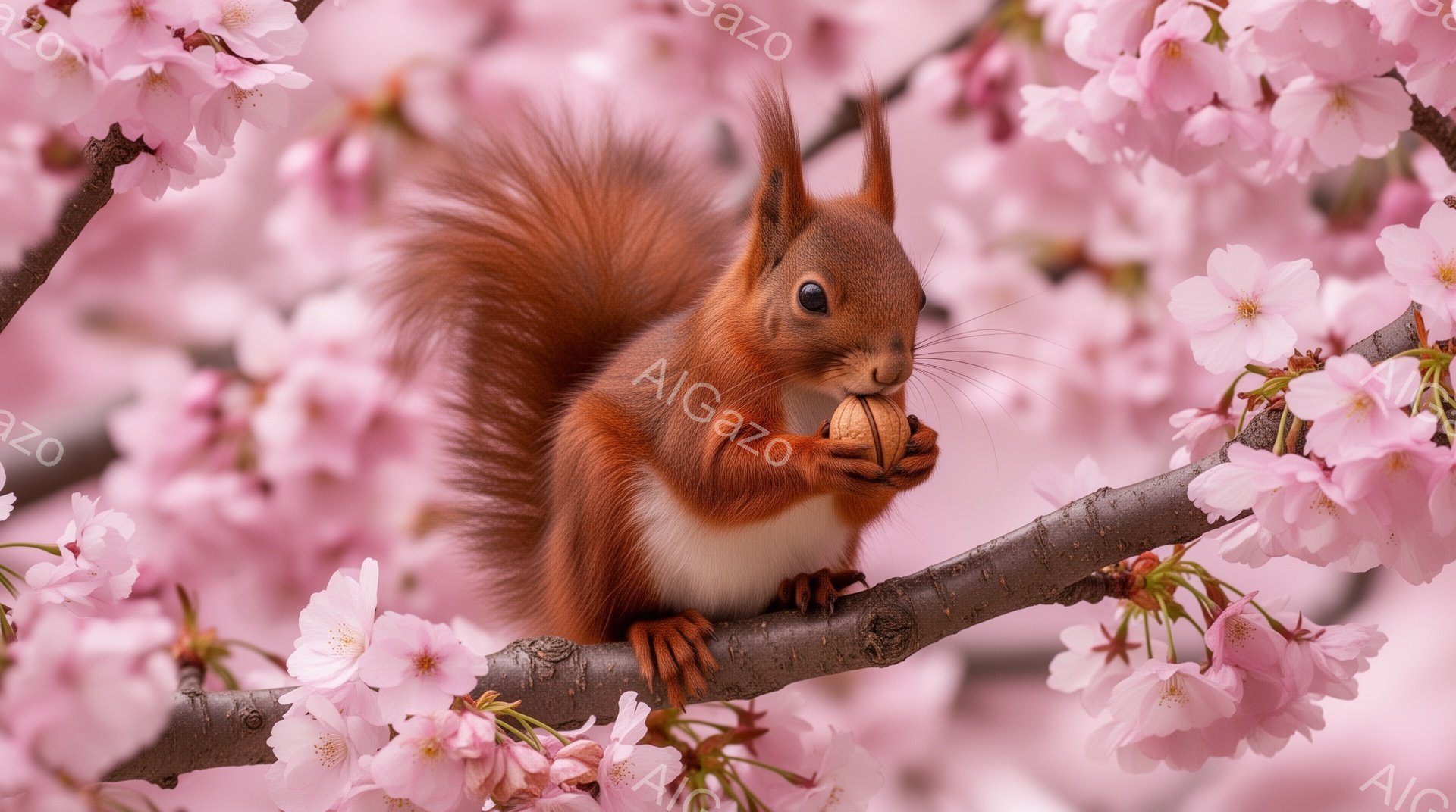 赤褐色のリスが桜の枝にしがみつき、何かを食べています。ふっくらとした頬と、きゅっと閉じた目が可愛らしいです。背景にはピンク色の桜の花が咲き乱れ、春の暖かな雰囲気が漂っています。 - AI生成フリー素材