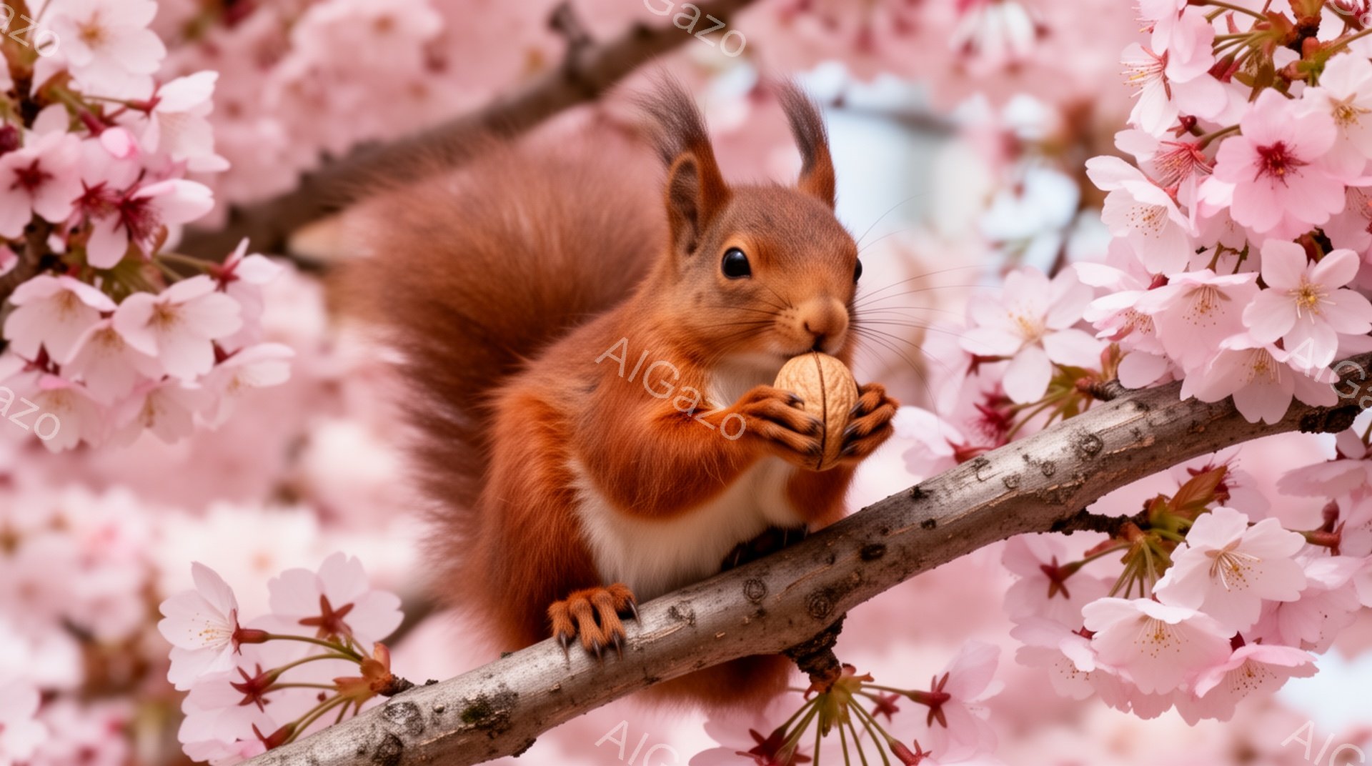 赤い毛並みのリスが、桜の枝にしがみつき、何かを食べています。ピンク色の桜の花が背景を埋め尽くし、春の暖かく穏やかな雰囲気を醸し出しています。かわいらしいリスの表情と桜のコントラストが印象的です。 - AI生成フリー素材