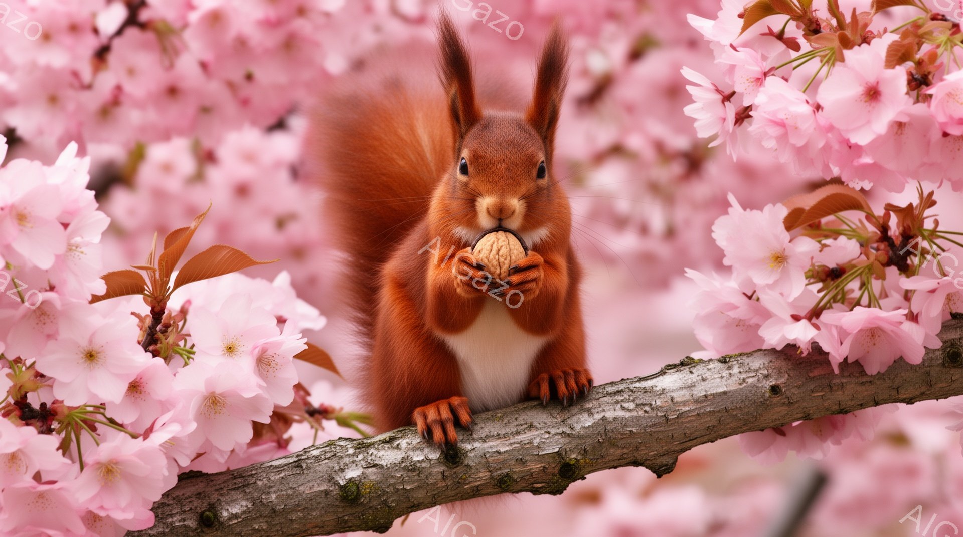 赤い毛並みをしたリスが、木の枝に座って木の実を抱えています。背景にはピンク色の桜の花が咲き誇り、春の暖かさと可愛らしさを感じさせます。リスの表情は穏やかで、平和な光景が目に映ります。