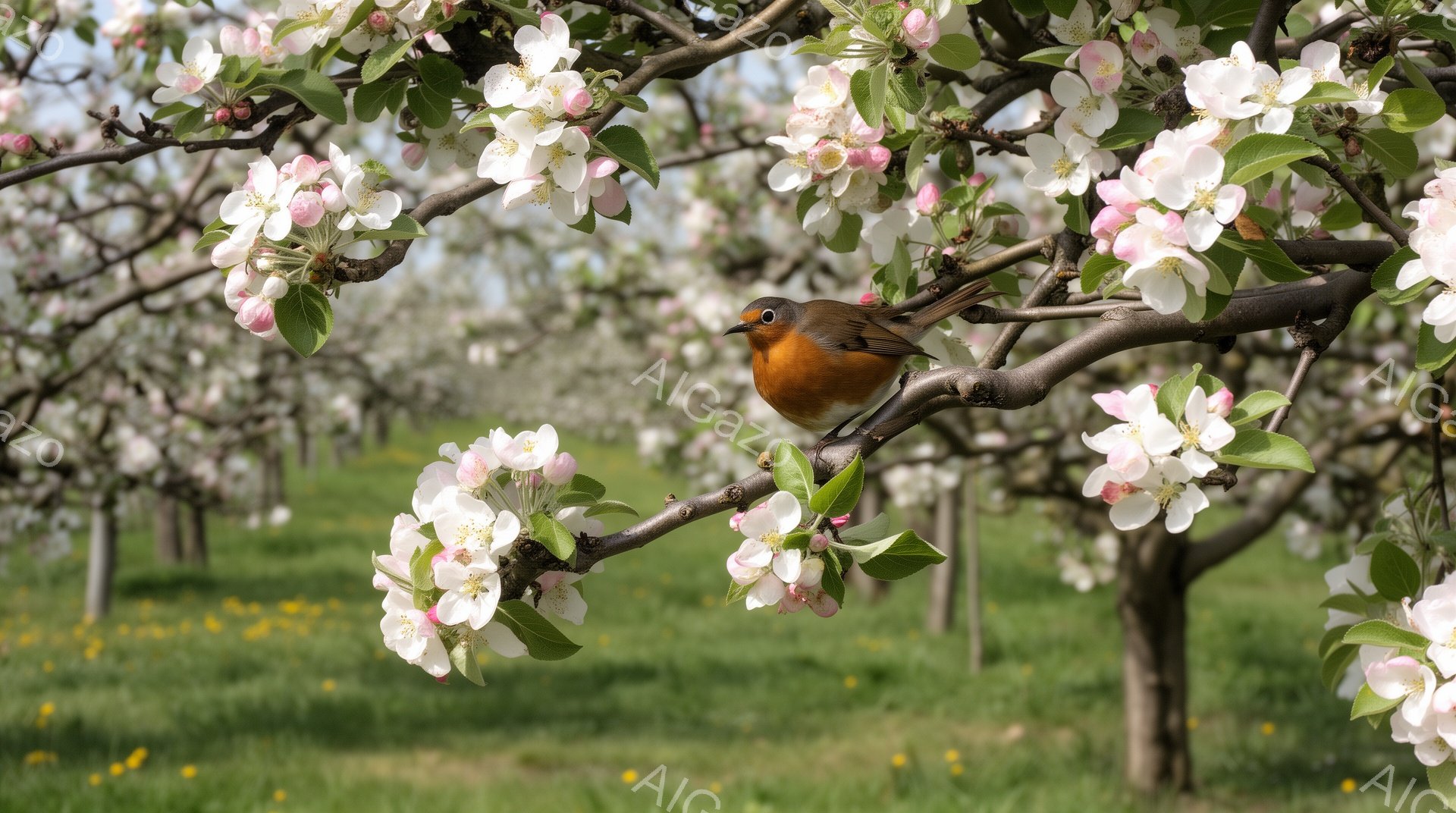 リンゴの花が咲き誇る果樹園の枝に、赤い胸を持つ鳥が止まっています。背景には緑の草むらと他のリンゴの木々がぼやけて見え、春の穏やかな雰囲気が漂います。鳥は枝にしっかりと掴まり、何かを探しているかのように周囲を見渡しています。