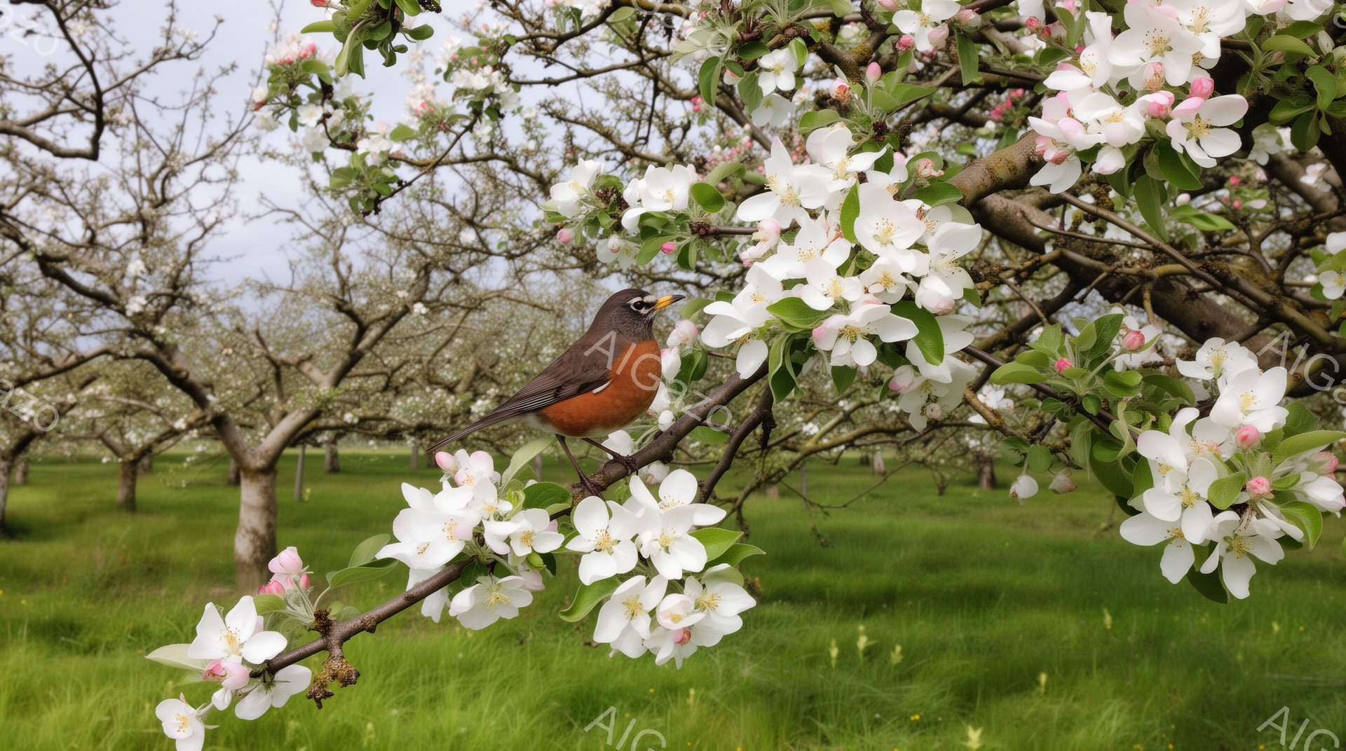 青空の下、リンゴの花が咲き乱れる果樹園の一枝に、胸が赤い鳥がとまっている。緑の草原と白や薄ピンクの花が織りなす風景は、春の穏やかな雰囲気を漂わせている。鳥は、まるで花の上に飾られた宝石のように、美しいコントラストを生み出している。