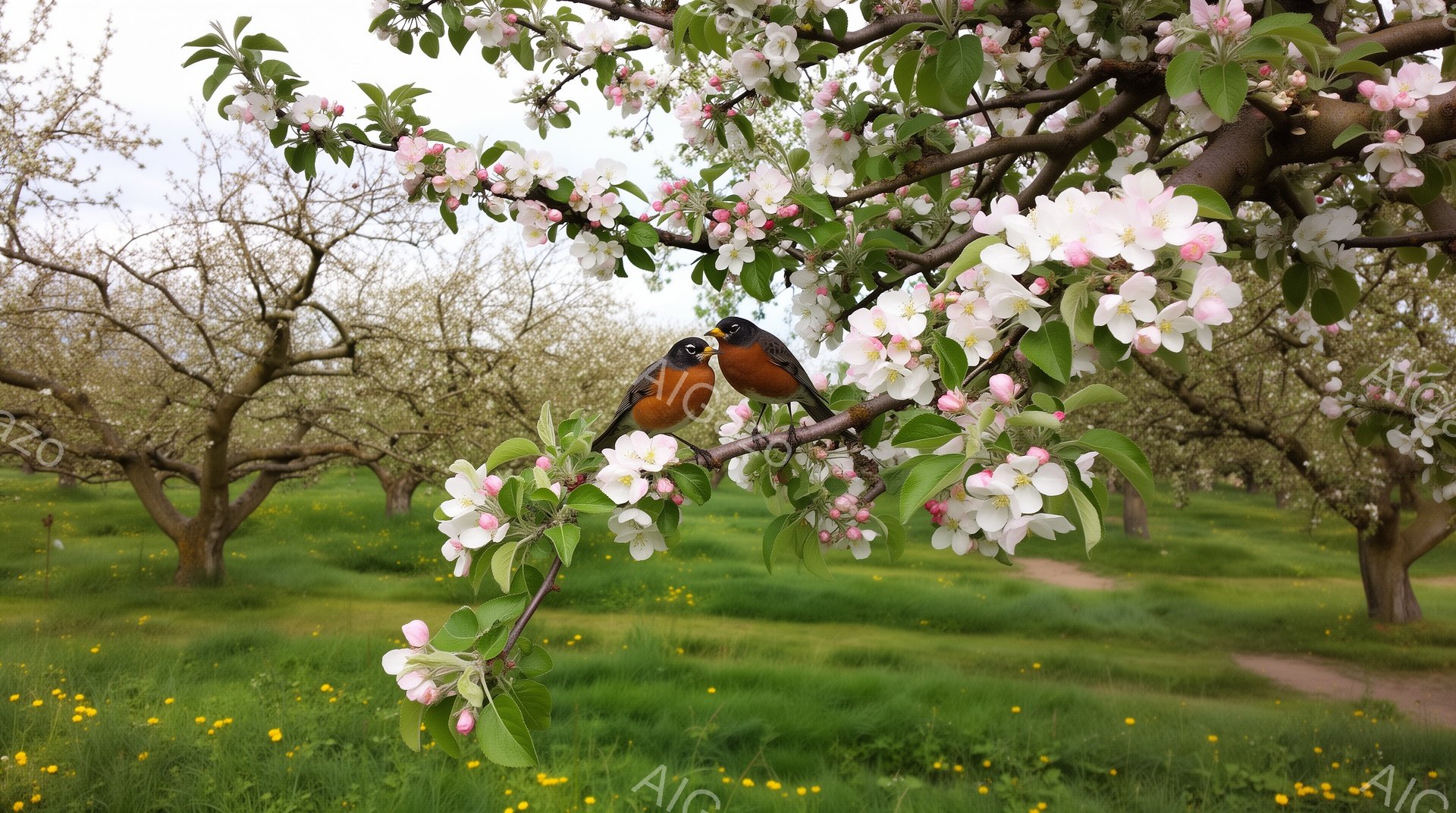 桜の木に2羽の鳥が寄り添って座っています。周りには緑の草が生い茂り、背景には他の桜の木が見えます。春の暖かく穏やかな雰囲気を感じさせる、美しい景色です。 - AI生成フリー素材