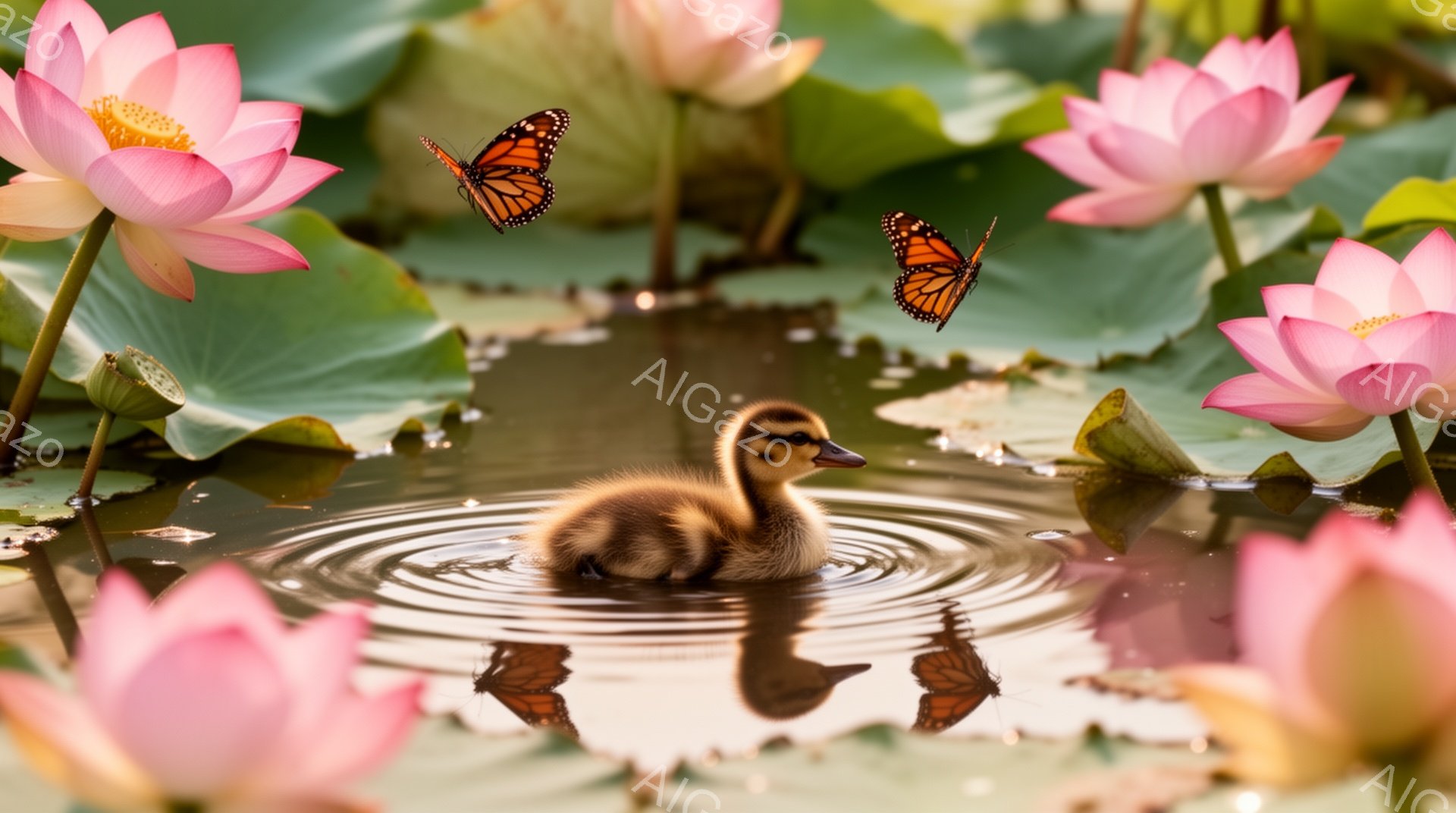 小さなアヒルの雛が蓮の池で泳いでいる。ピンクの蓮の花が咲き乱れ、周囲を彩っている。蝶が数匹舞い、平和で穏やかな雰囲気を醸し出している。 - AI生成フリー素材