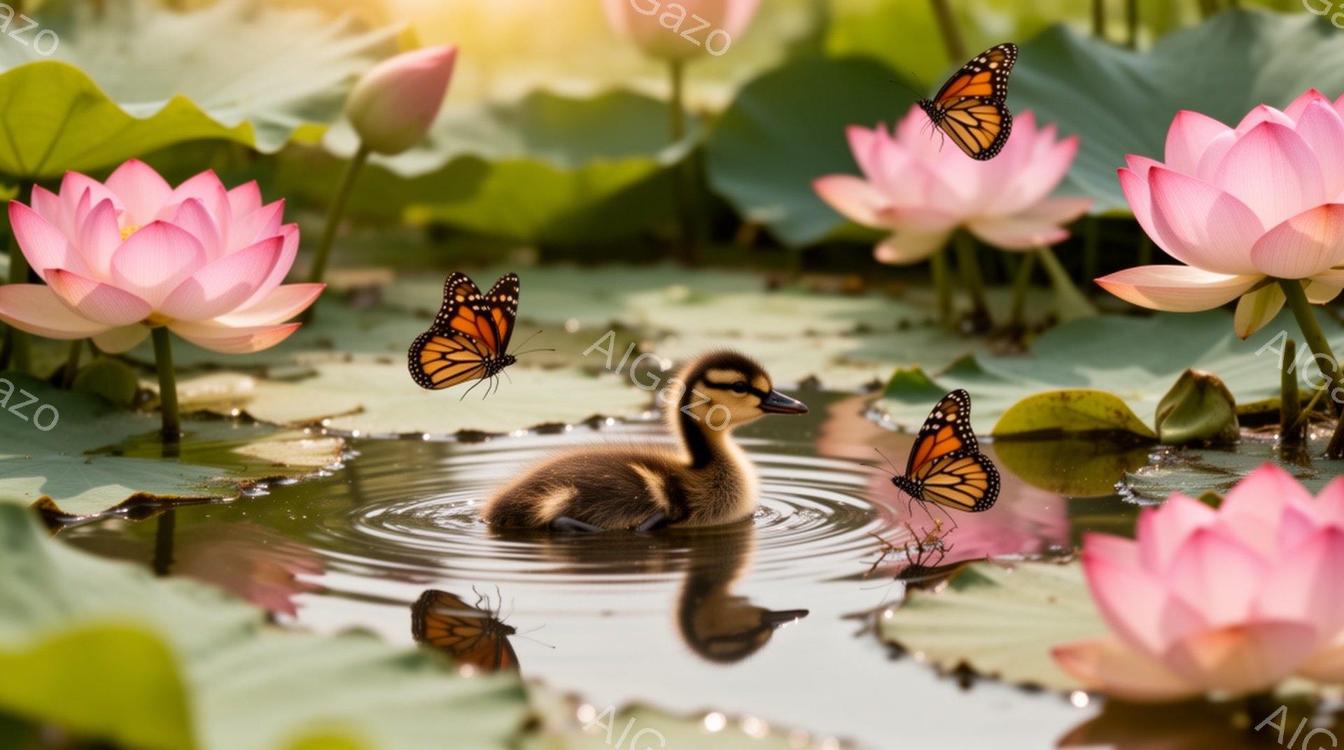小さなアヒルの雛が蓮の葉と花の浮かぶ穏やかな池で水面を泳いでいる。周囲には鮮やかなオレンジ色の蝶が舞い、暖かい日差しの下、自然の静けさと美しさを表現している。水面に映るアヒルの姿と蓮の花が、幻想的な雰 - AI生成フリー素材