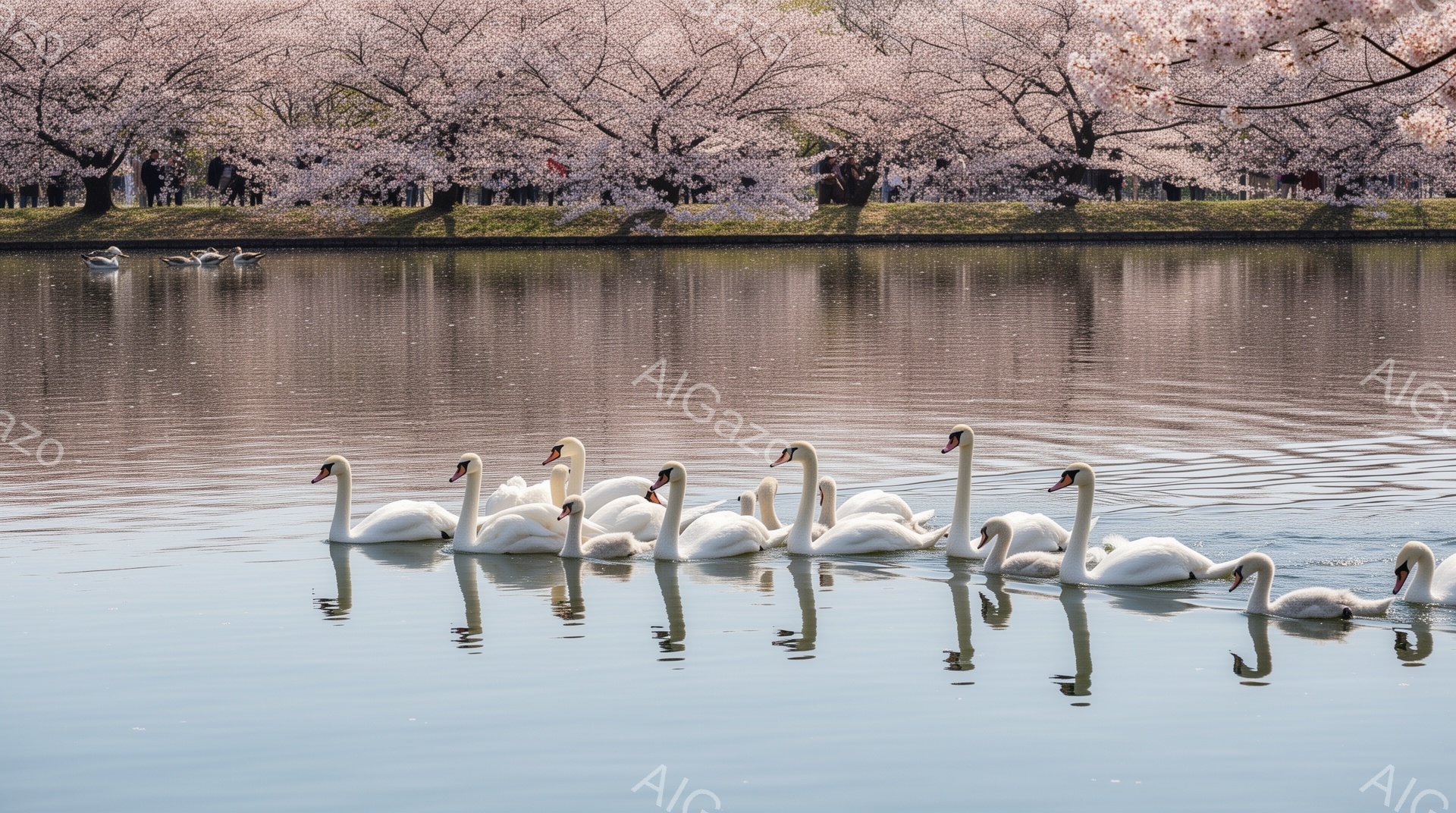 白鳥が静かに水面を泳いでいる。背景には桜並木が咲き誇り、春の穏やかな雰囲気を醸し出している。水面に映る白鳥と桜のコントラストが美しい。
