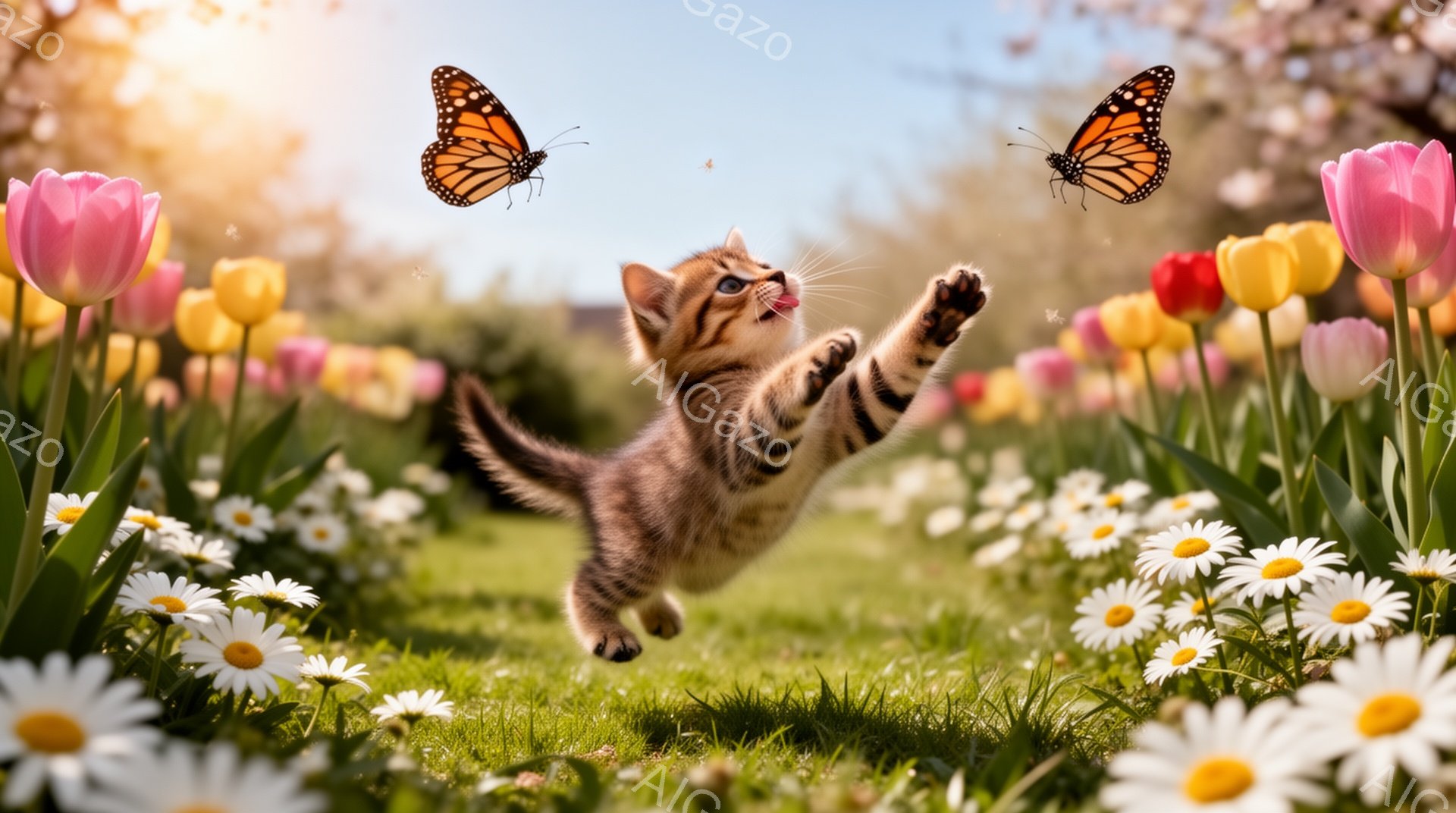 小さな子猫がタンポポやチューリップが咲き乱れる草原で蝶を追いかけている。子猫は前足を伸ばし、嬉しそうに跳ねており、その周囲には明るい日差しが差し込んでいる。春の暖かさと生命力に満ちた、可愛らしい光景で - AI生成フリー素材