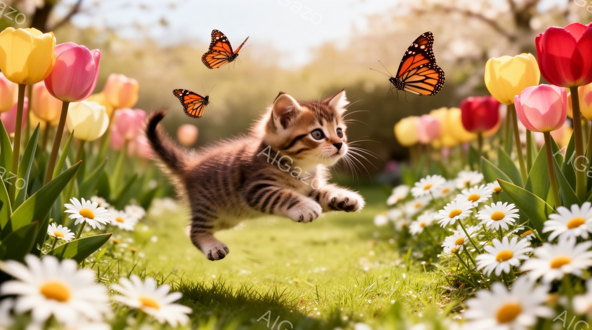 緑の草原で、子猫が蝶を追いかけている。鮮やかな色のチューリップやデイジーが咲き乱れ、春の暖かな日差しが差し込んでいる。可愛らしい子猫の動きと花のコントラストが、活気のある雰囲気を醸し出している。 - AI生成フリー素材