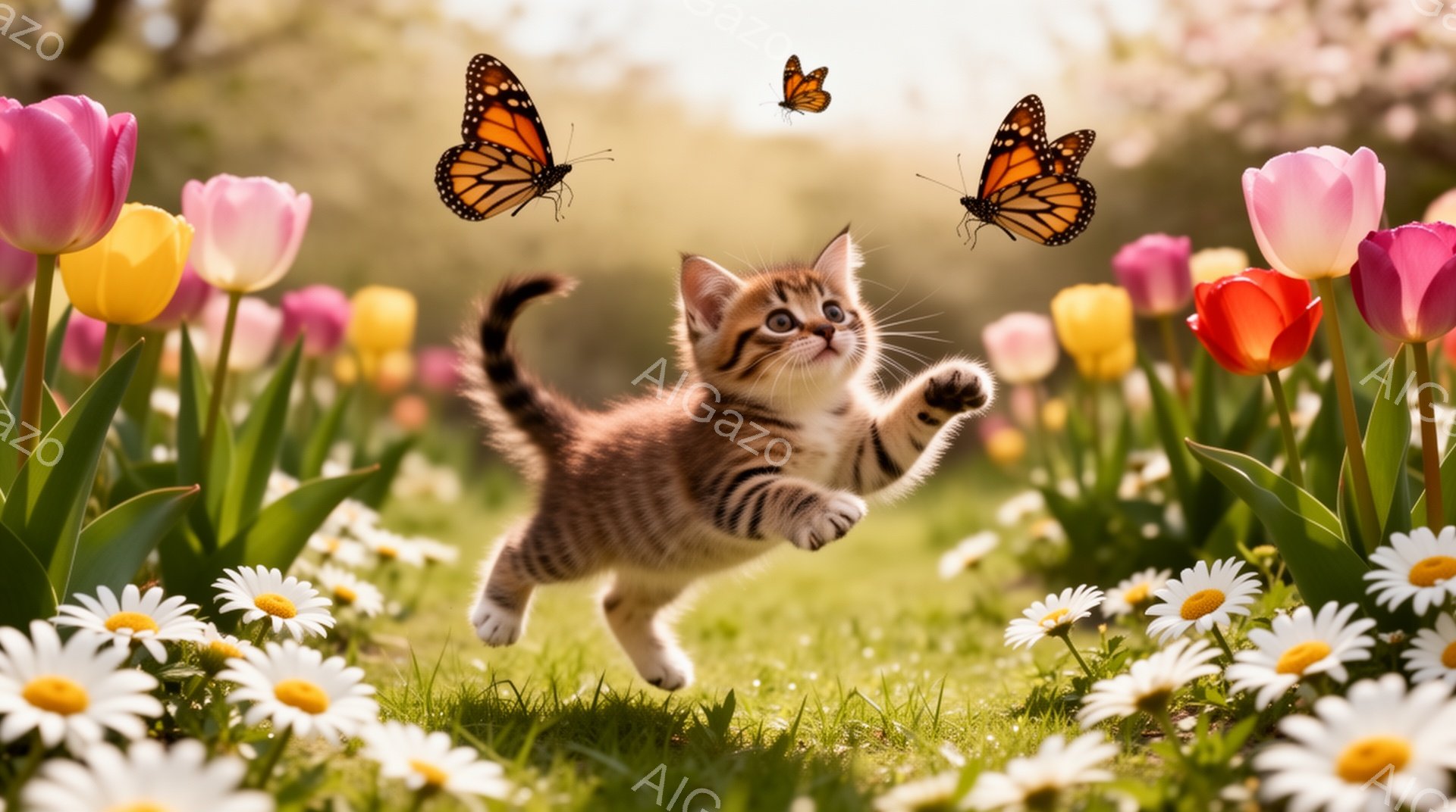 可愛らしい子猫が、色とりどりの花々が咲き乱れる草原で蝶を追いかけている。子猫は前足を伸ばし、嬉しそうに飛び跳ねており、春の暖かな日差しが降り注いでいる。背景には、鮮やかなチューリップやデイジーが咲き、 - AI生成フリー素材