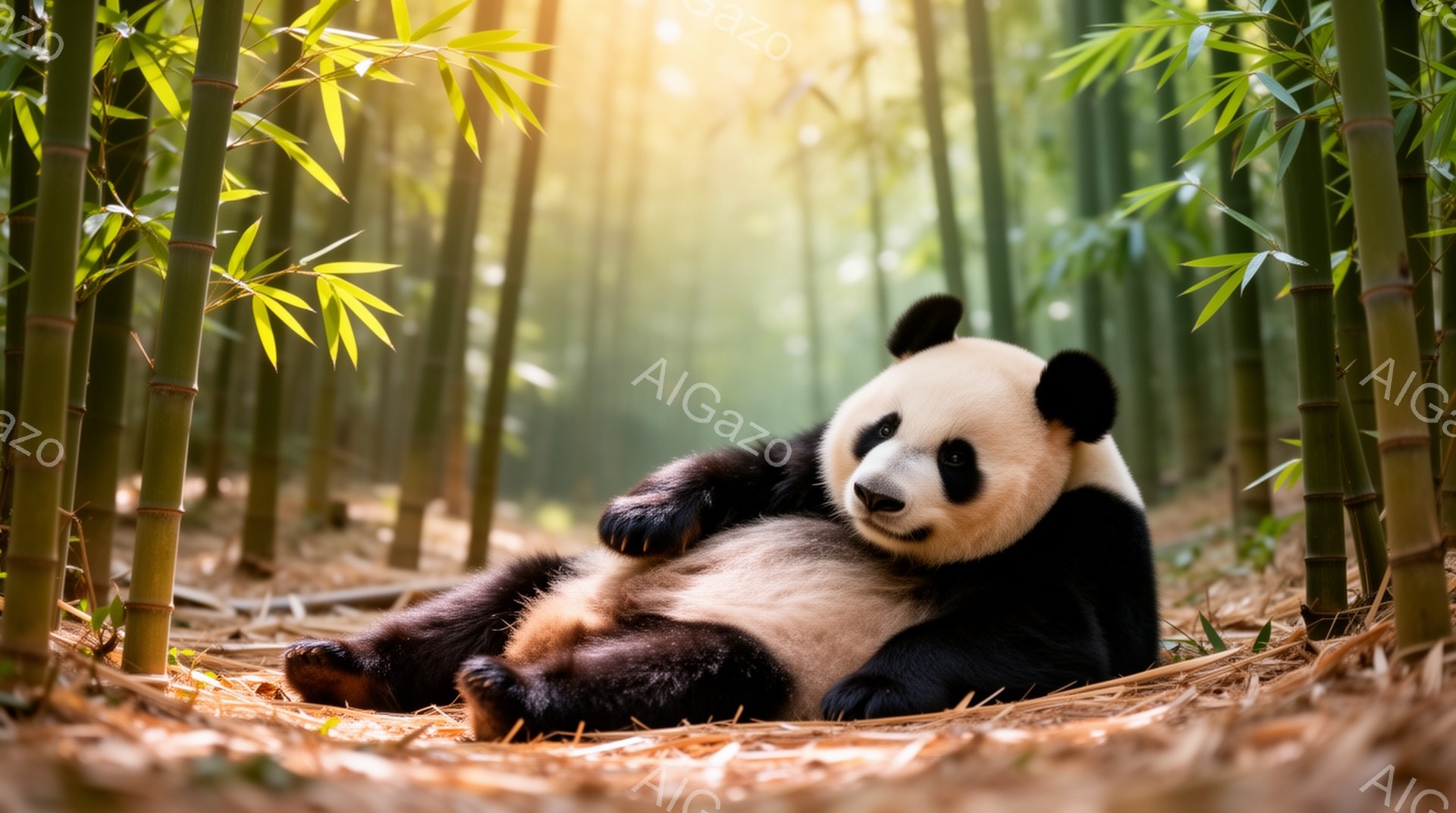 パンダが竹林の中で横になってリラックスしています。穏やかな表情で、日差しを浴びて暖かく穏やかな雰囲気を醸し出しています。背景には高い竹が立ち並び、自然豊かな環境が強調されています。 - AI生成フリー素材