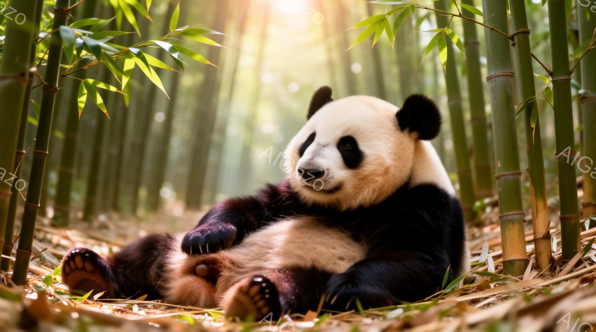 パンダが竹林の中でリラックスして座っています。暖かく柔らかな光が差し込み、穏やかで平和な雰囲気を醸し出しています。緑の竹とパンダのコントラストが印象的です。