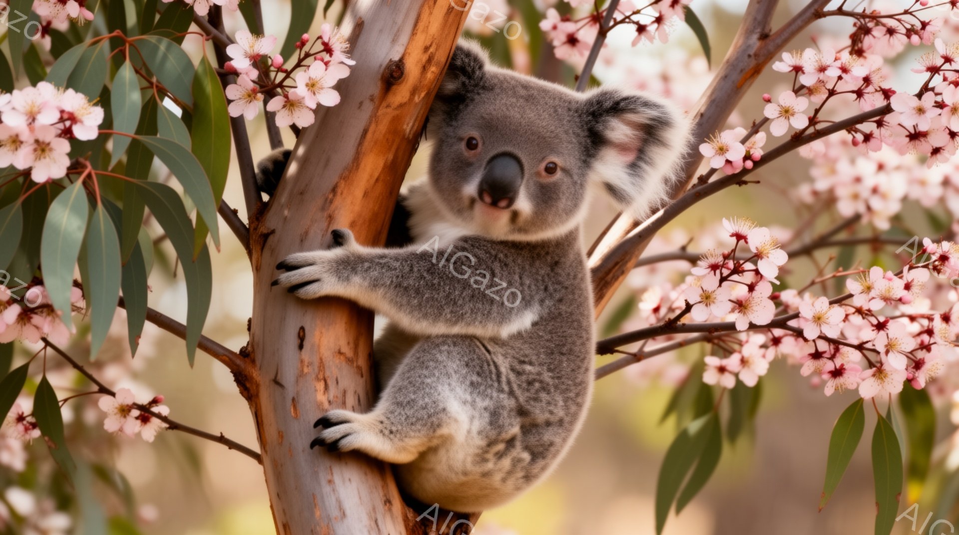 コアラが木の幹にしがみついています。周りにはピンク色の花が咲き乱れ、春の暖かい雰囲気が漂っています。その表情は少し好奇心旺盛で、こちらを見ているようです。 - AI生成フリー素材