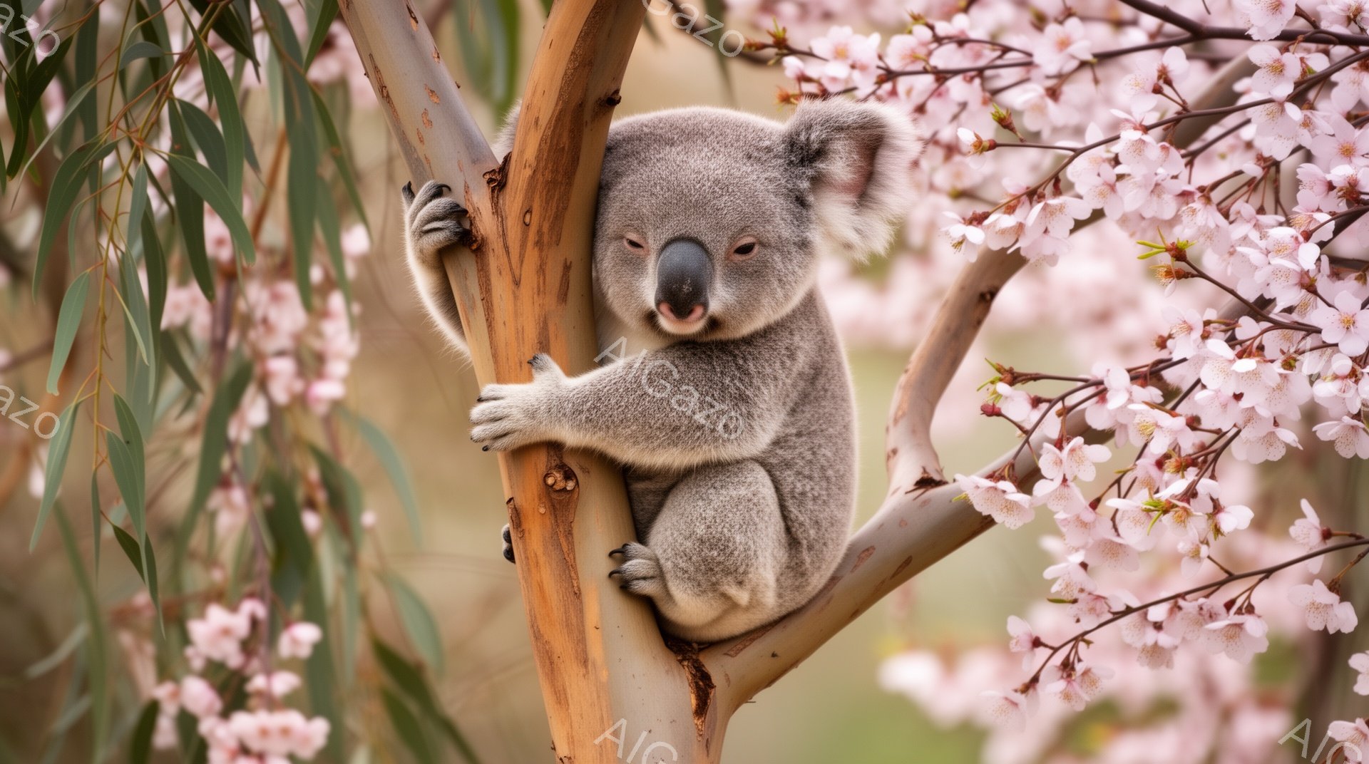 コアラが木の幹にしがみついています。ピンク色の花が咲き乱れ、春の暖かさと穏やかな雰囲気を醸し出しています。コアラの毛並みは柔らかく、表情はリラックスしています。 - AI生成フリー素材