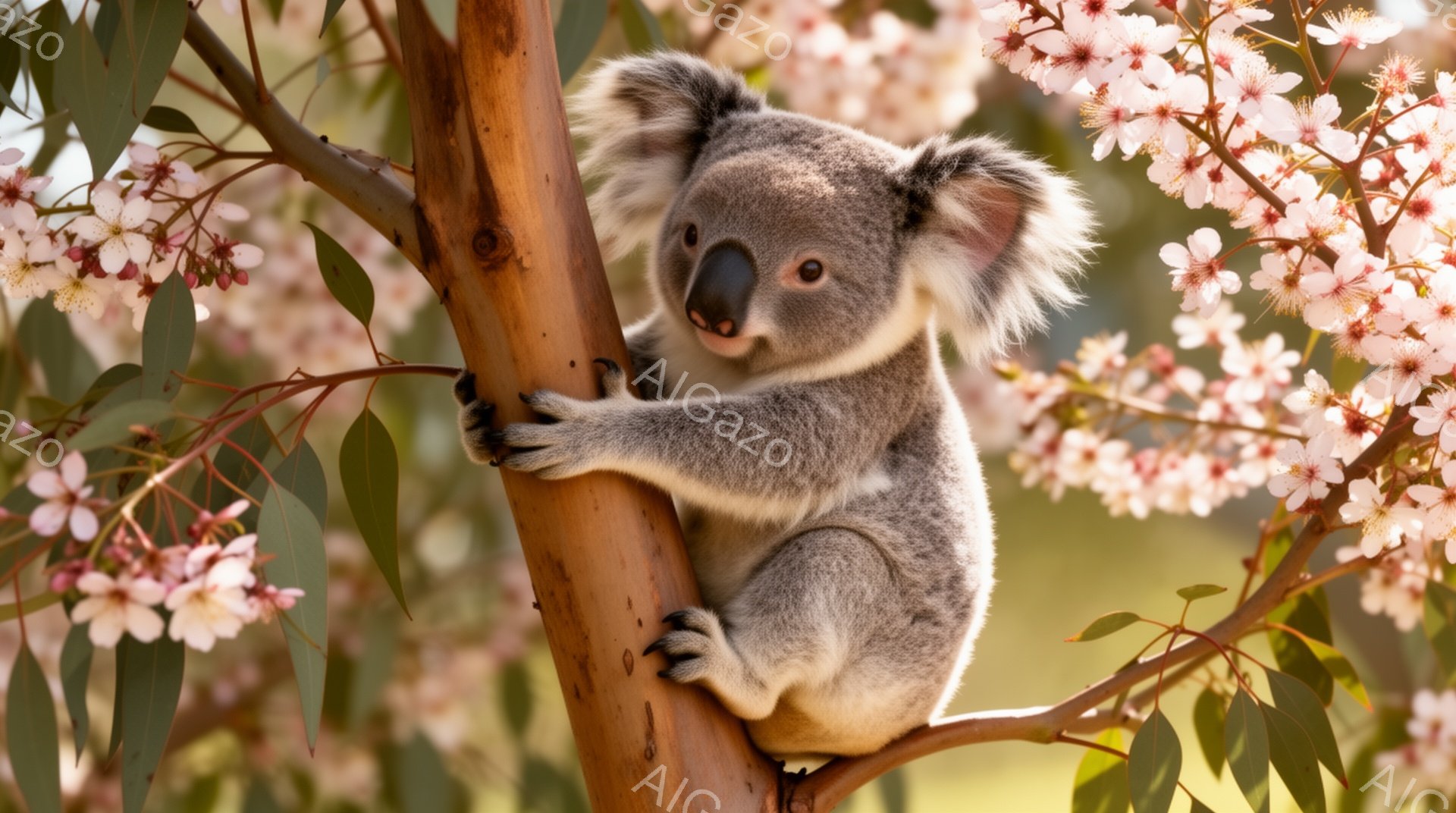 コアラが木の幹にしっかりと抱きついています。周囲にはピンク色の花が咲き乱れ、明るい日差しが差し込んで暖かな雰囲気です。愛らしい表情のコアラは、まるで春の訪れを告げる使者のようです。 - AI生成フリー素材