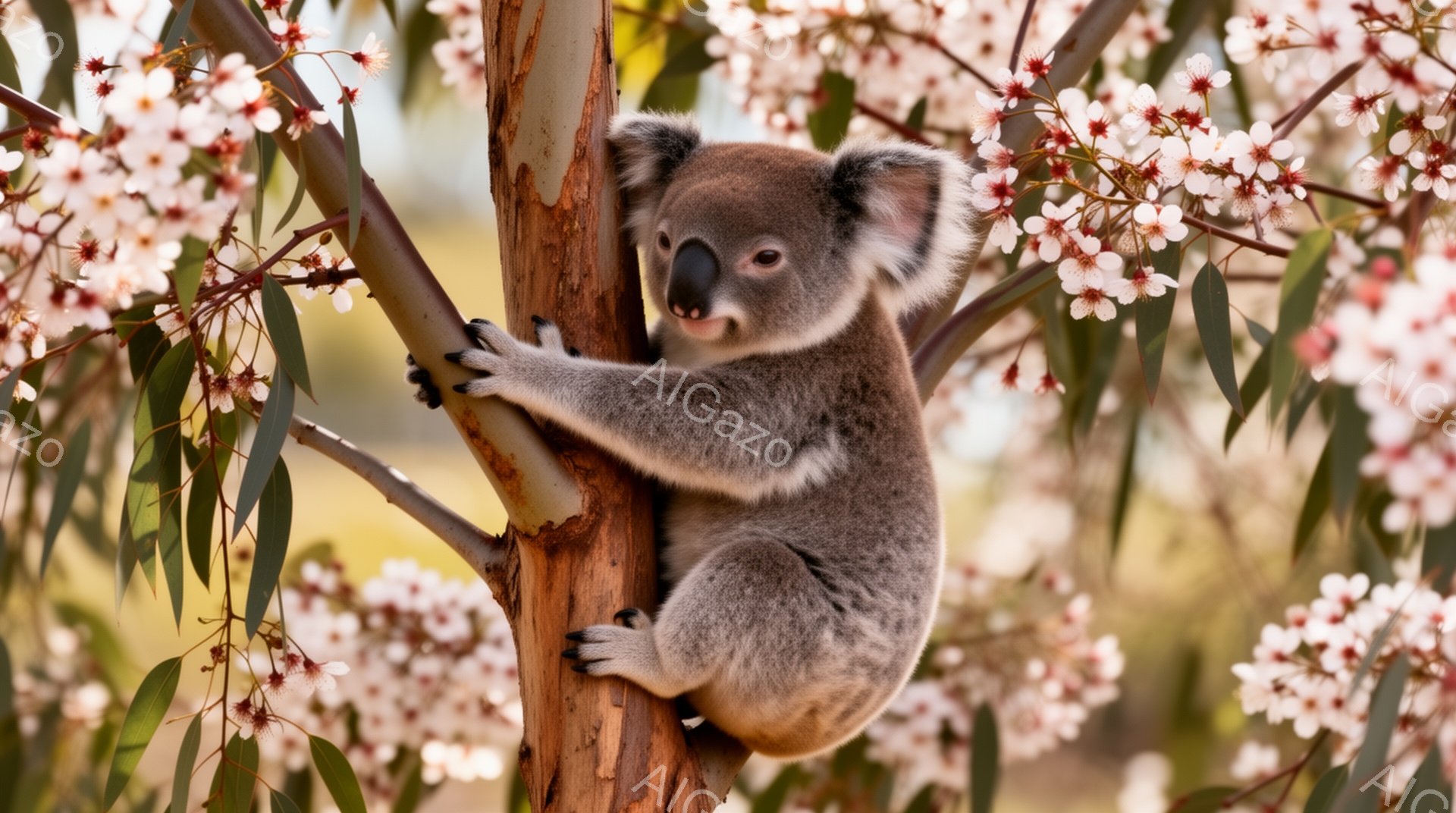 コアラが木の幹にしがみついています。周りはピンク色の花が咲き乱れ、春らしい暖かい雰囲気が感じられます。コアラはリラックスした表情で、穏やかな時間が流れています。