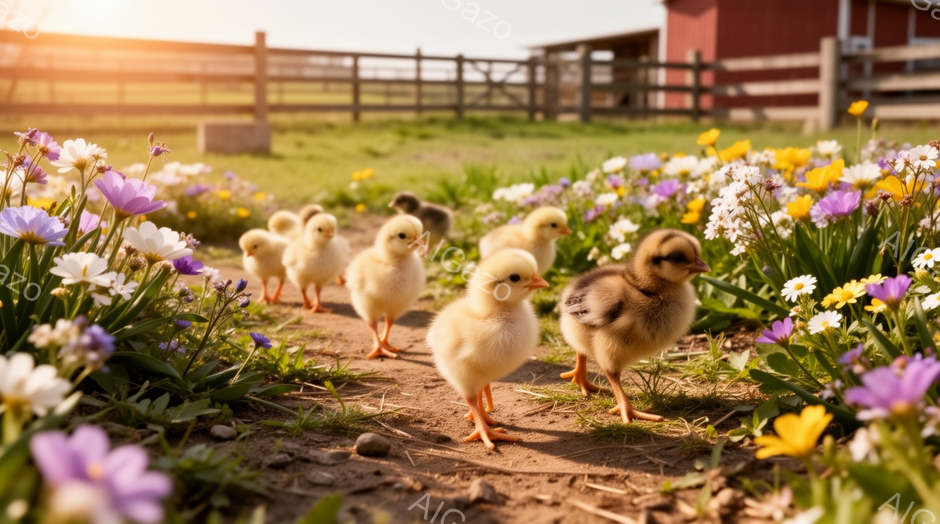 緑の草と花に囲まれた土の道の上を、黄色いヒヨコたちが一列に歩いている。背景には赤い納屋とフェンスが見え、柔らかい日差しが春らしい暖かさを演出している。かわいらしいヒヨコたちの姿が、のどかな田園風景に調和している。