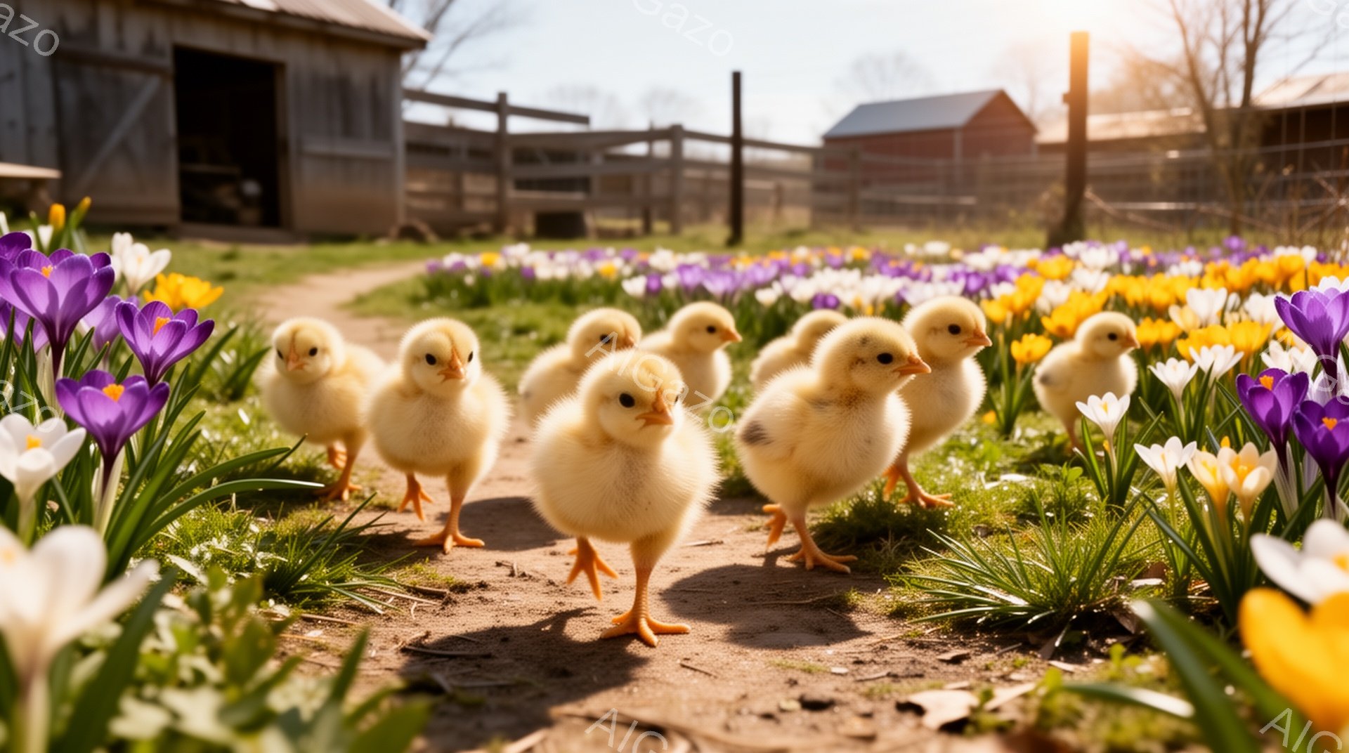 春の太陽の下、小さなヒヨコたちが色とりどりのクロッカスが咲き乱れる道を元気に歩いている。ヒヨコたちは可愛らしい姿で、暖かく希望に満ちた雰囲気を醸し出している。背景には古い農家が見え、穏やかな田園風景が広がっている。
