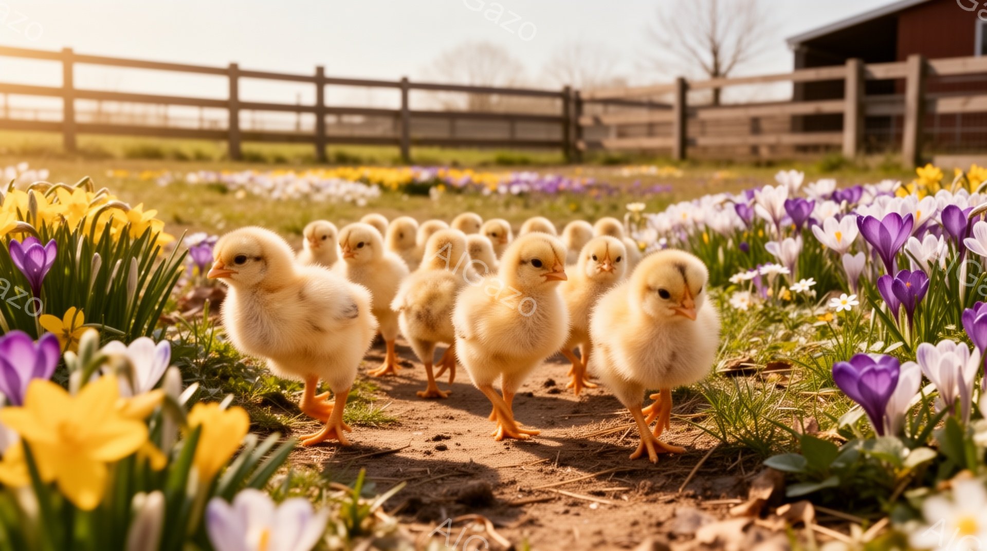 泥道に黄色いヒヨコたちが一列に並んで歩いている。ヒヨコたちはふわふわの羽毛を持ち、その周りには紫と黄色の可憐な花々が咲き乱れている。背景には木製の柵と緑の草地が広がり、暖かい春の陽射しが降り注いでいる。