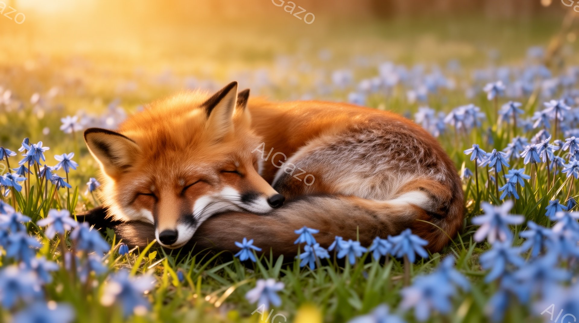 オレンジ色のキツネが、青い花畑の中で丸まって眠っています。太陽の光が差し込み、暖かく穏やかな雰囲気が漂っています。キツネの毛並みはふさふさとしており、とても可愛らしい姿です。 - AI生成フリー素材
