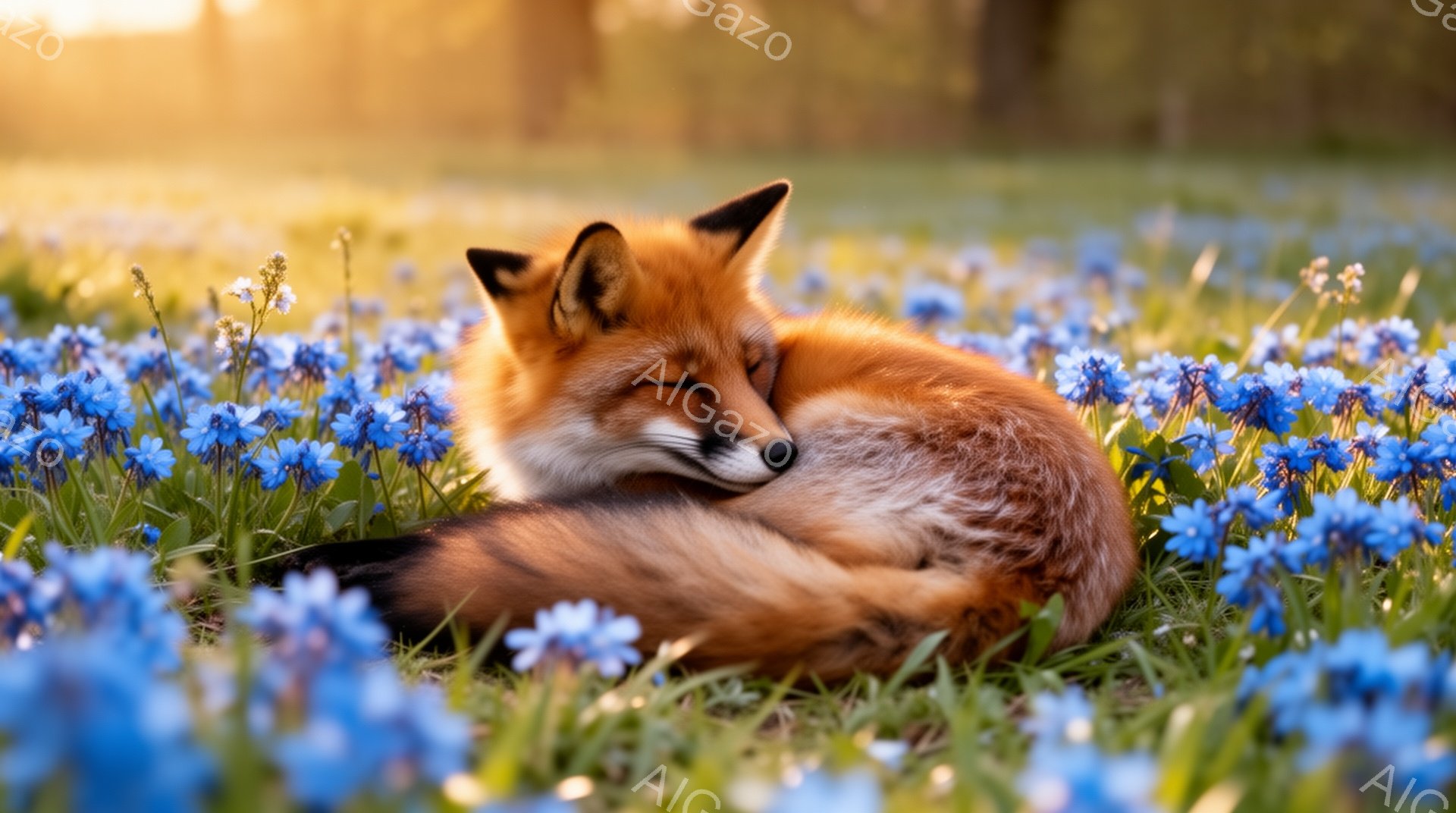 明るい日差しの中で、赤褐色のキツネが青い花畑で丸まって眠っています。その姿は平和で穏やかであり、周囲の鮮やかな色彩と相まって、春の暖かさを感じさせます。花畑は広がり、キツネを優しく包み込むように咲き誇っています。
