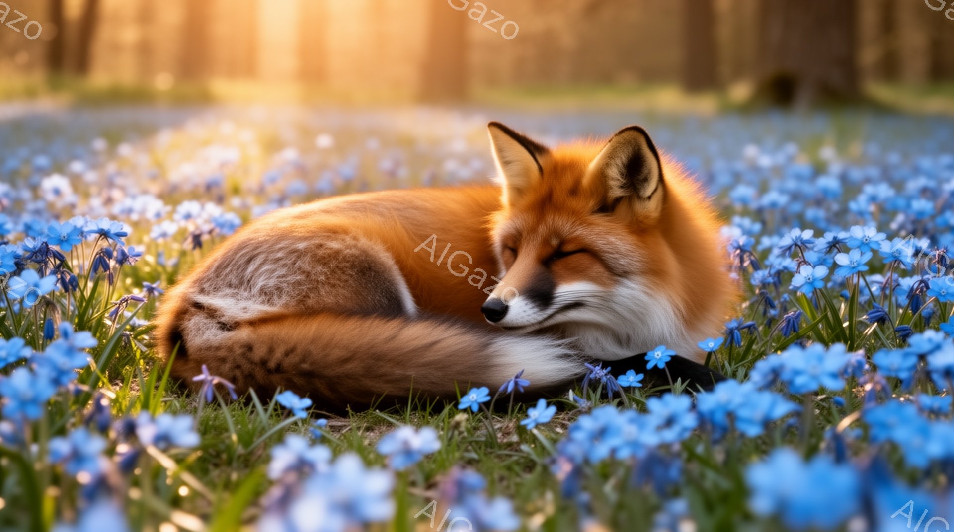 赤いキツネが青い花畑の中で丸まって眠っています。柔らかい光が差し込み、穏やかで平和な雰囲気が漂っています。花畑は密集しており、キツネの鮮やかな毛並みとのコントラストが美しいです。