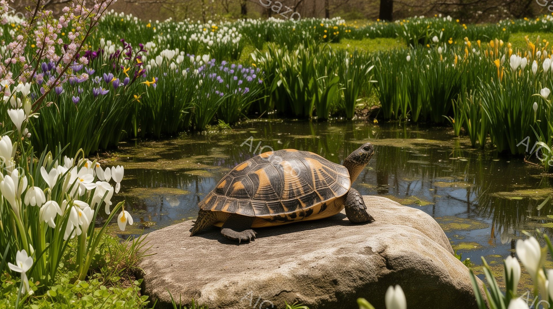 岩の上にカメが日向ぼっこをしている。周囲には紫や白のチューリップが咲き乱れ、春の穏やかな雰囲気を醸し出している。水面には緑色の藻が浮いており、自然豊かな風景が広がっている。 - AI生成フリー素材