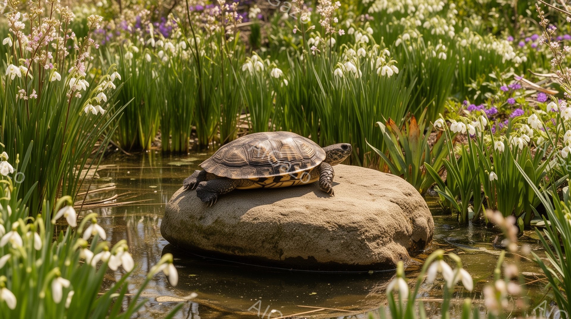 日差しの下、岩の上にカメが佇んでいます。周囲には白いスノードロップの花が咲き乱れ、水面は穏やかに光を反射しています。春の訪れを感じさせる、平和な光景です。 - AI生成フリー素材