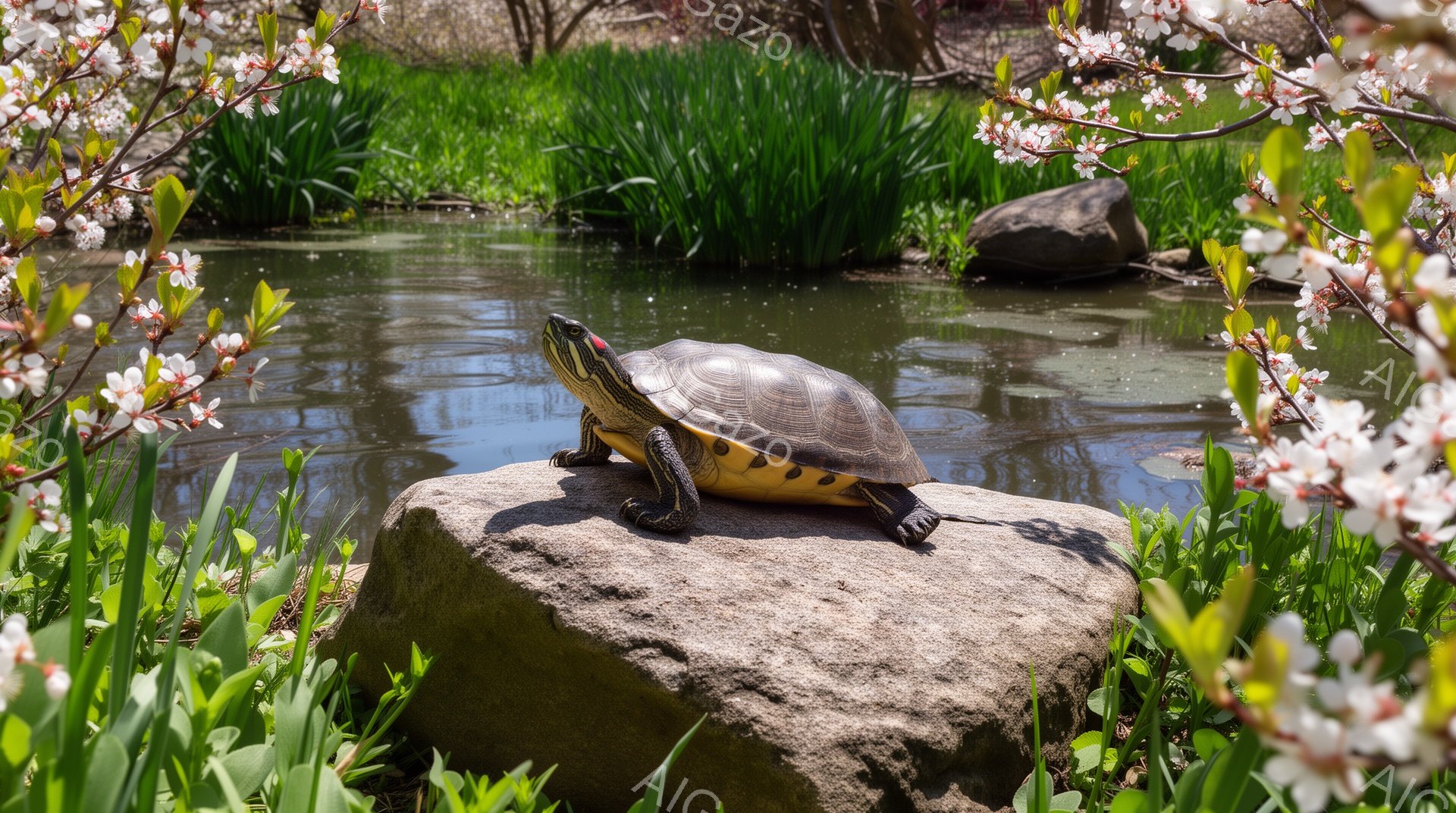 日当たりの良い池の岩の上にカメがとまっている。周りには桜や緑が茂り、春の穏やかな雰囲気が感じられる。カメは日向ぼっこをして、静かに日光浴を楽しんでいるようだ。 - AI生成フリー素材