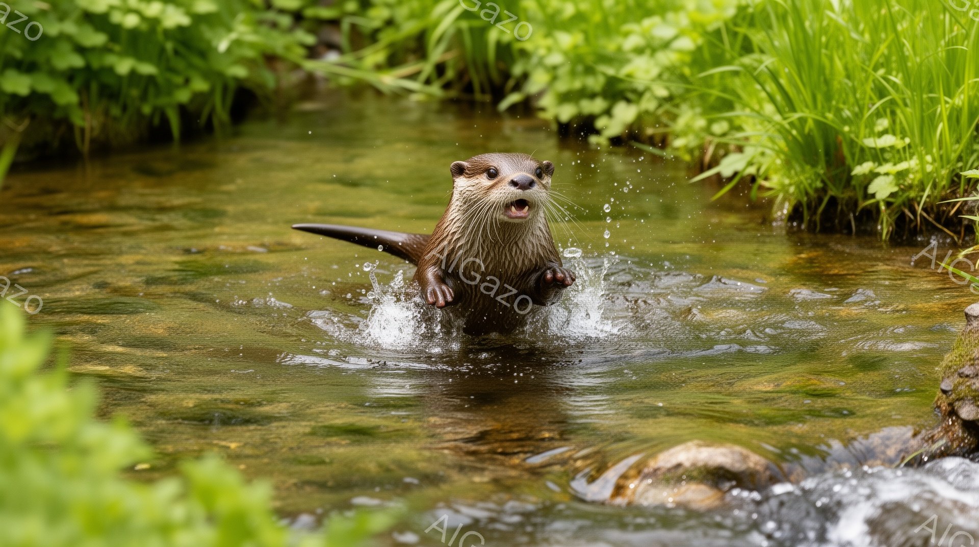 緑豊かな背景を背景に、カワウソが水面から顔を出してこちらを見ている。水しぶきが飛び散り、動きのある様子が捉えられている。周りには緑の植物が生い茂り、自然豊かな環境であることがわかる。 - AI生成フリー素材