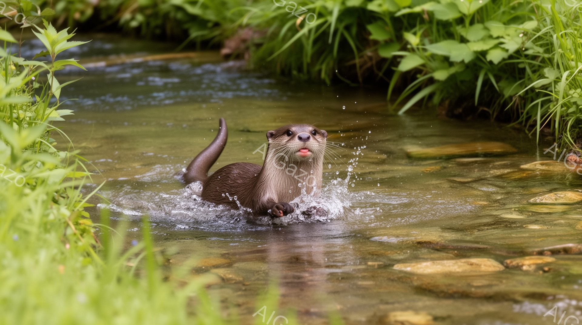 川の中でカワウソが泳いでいます。水しぶきをあげながら、正面を見つめており、少し驚いたような表情をしています。周囲は緑豊かな植物に囲まれ、自然豊かな雰囲気が漂っています。 - AI生成フリー素材