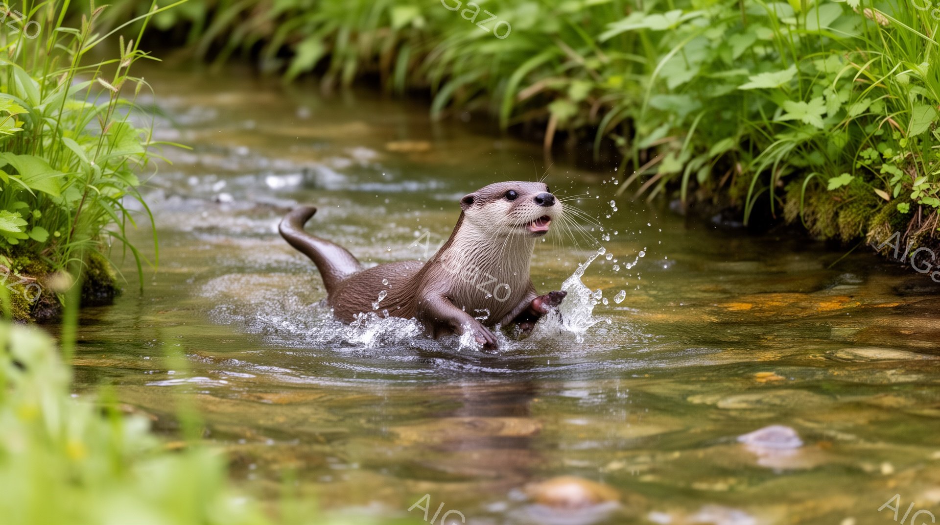 川の中でカワウソが水しぶきをあげて遊んでいます。緑豊かな背景と明るい光が、カワウソの活発な動きを強調しています。水面には光が反射し、全体的に爽やかで自然な雰囲気です。 - AI生成フリー素材
