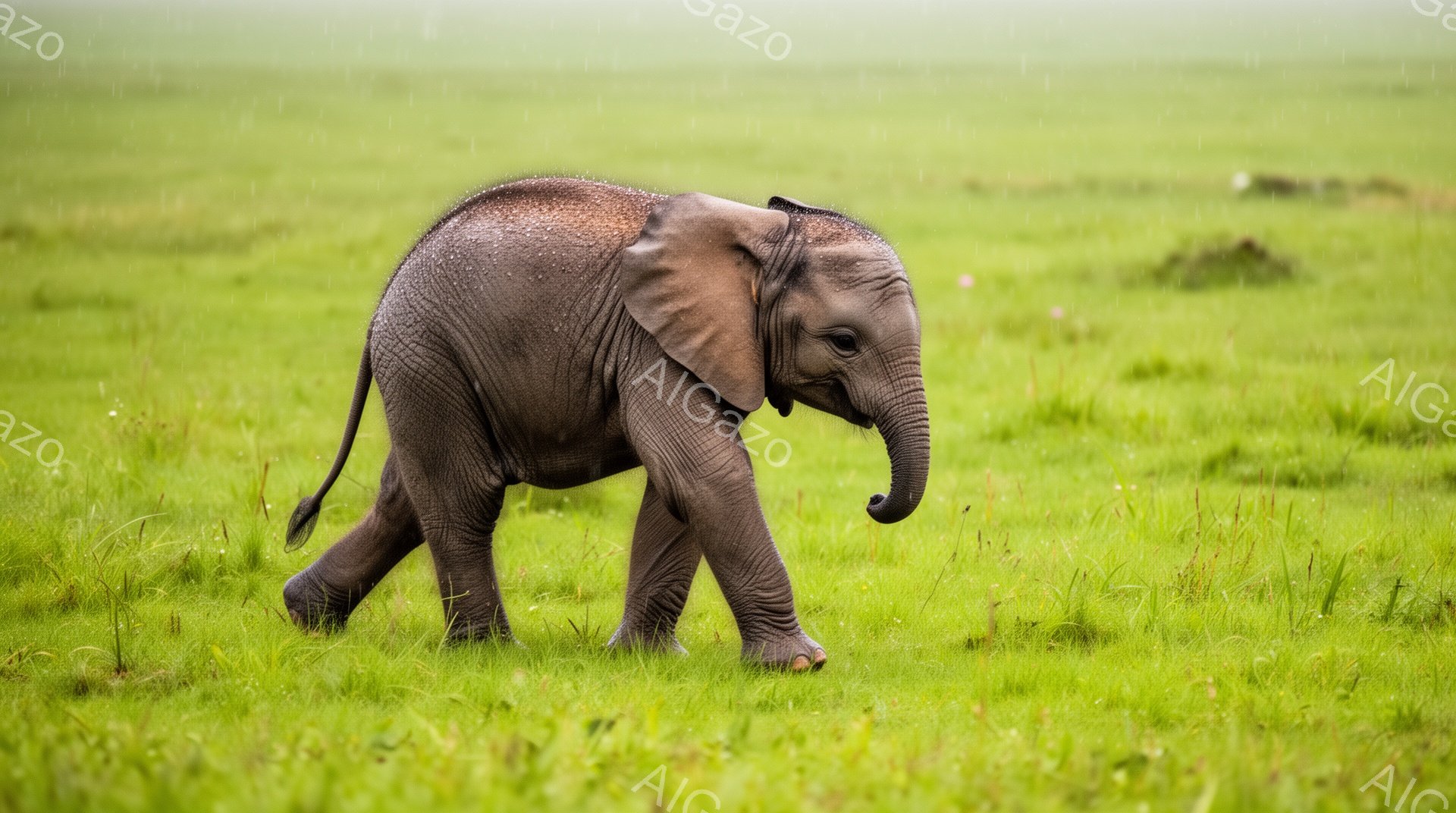 鮮やかな緑の草原を、小さな象が歩いています。雨が降り注ぎ、象の体に水滴が付着しています。背景はぼやけており、象が際立って見えます。 - AI生成フリー素材
