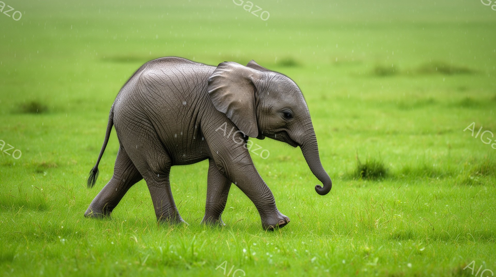小さなゾウが緑豊かな草原を歩いている。雨が降っており、ゾウの肌は湿っているように見える。背景は緑の草で埋め尽くされており、明るい日中に撮影された静かなシーンである。