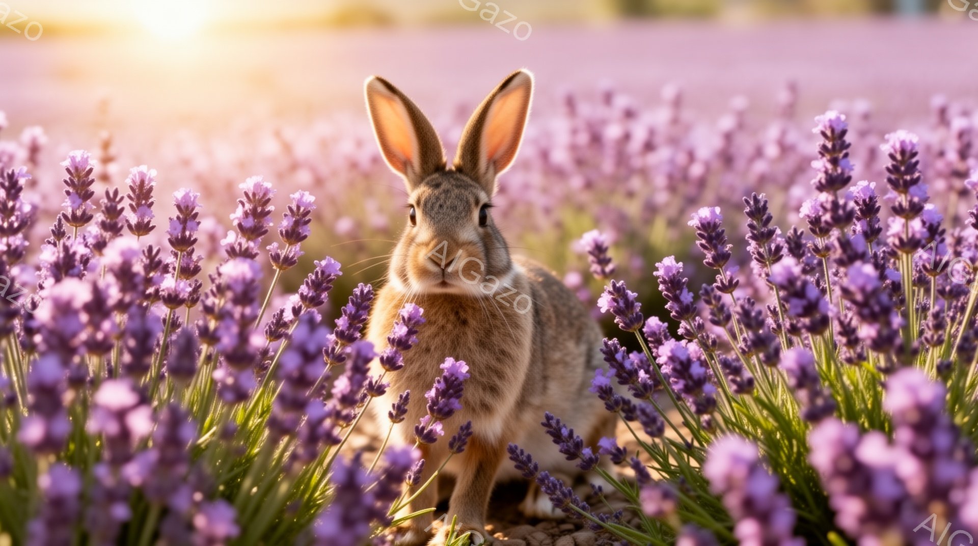 ラベンダー畑の中に座っている可愛らしい茶色のウサギです。ウサギはまっすぐカメラを見ていて、ふわふわの毛並みがよくわかります。背景は紫色のラベンダーの花でいっぱいで、暖かく穏やかな雰囲気です。 - AI生成フリー素材