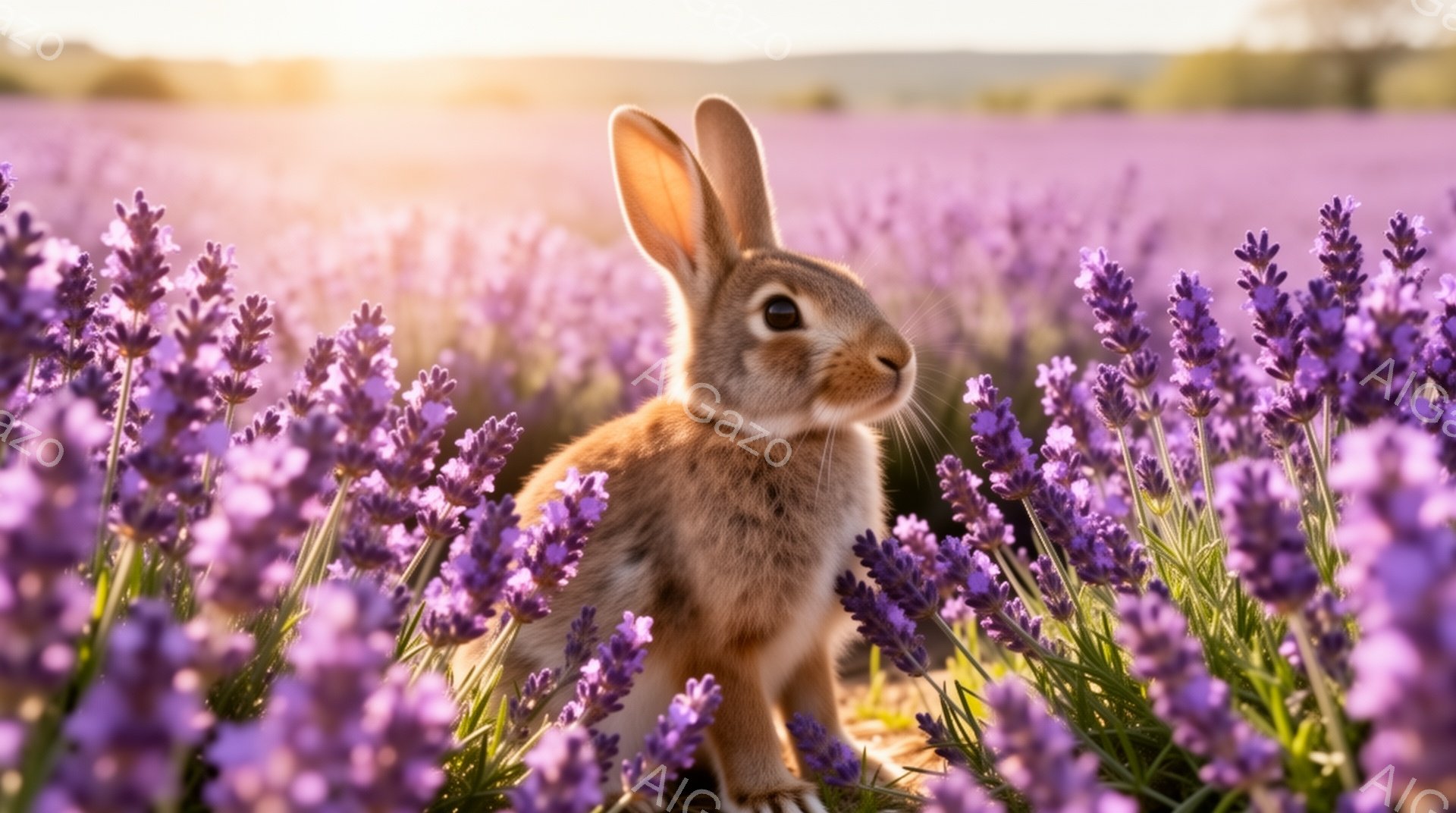 ラベンダー畑の中で、可愛らしい茶色のウサギが正面を見つめています。優しい日差しが降り注ぎ、ウサギの毛並みを明るく照らし出しています。一面の紫色の花々とウサギの姿が、穏やかで幻想的な雰囲気を醸し出してい - AI生成フリー素材