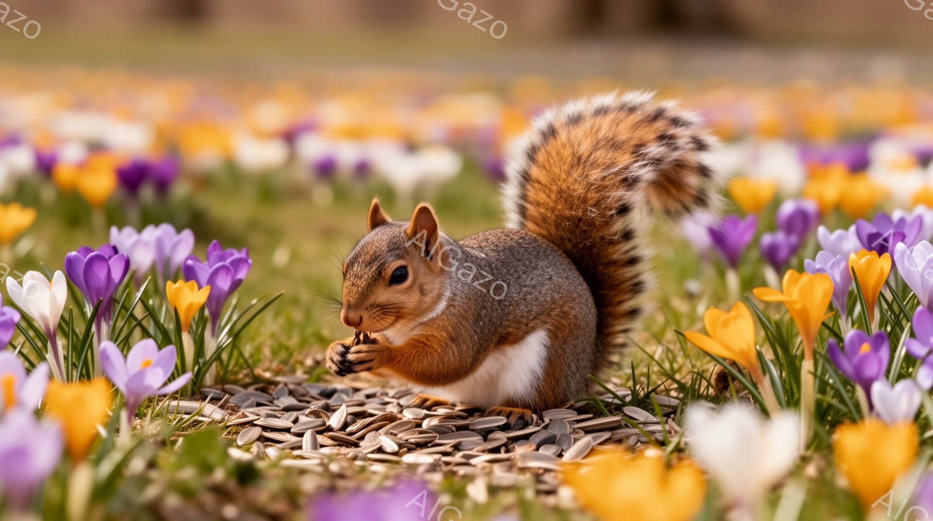 リスが紫と黄色のクロッカスに囲まれた地面で種を食べている。毛並みが美しく、ふさふさとした尾が特徴的だ。春の訪れを感じさせる、明るく穏やかな雰囲気の画像である。