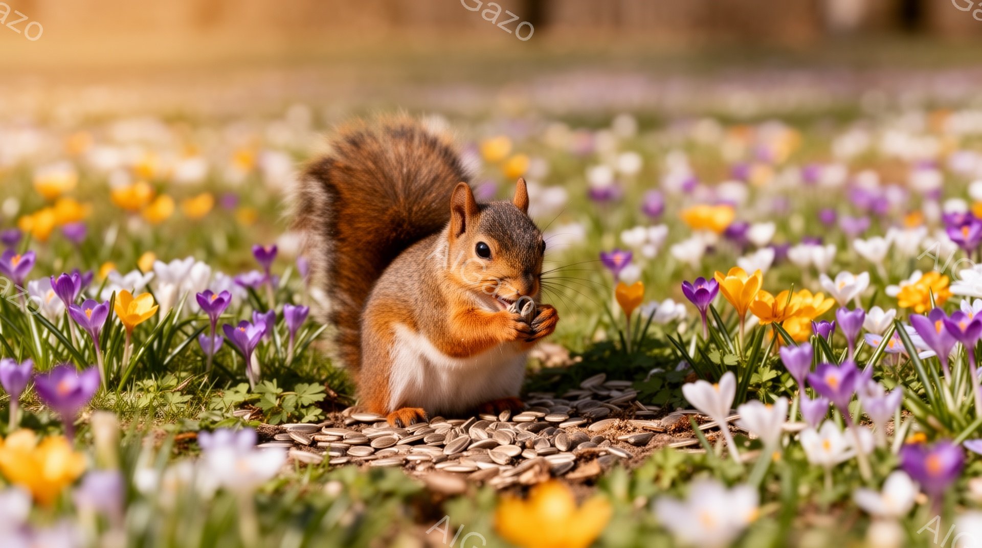 明るい日差しの中で、リスが紫と黄色のクロッカスに囲まれた地面に座り、種を食べている。ふわふわとした尻尾を持ち、茶色の毛並みが美しい。春の暖かさを感じさせる、穏やかで可愛らしい光景だ。
