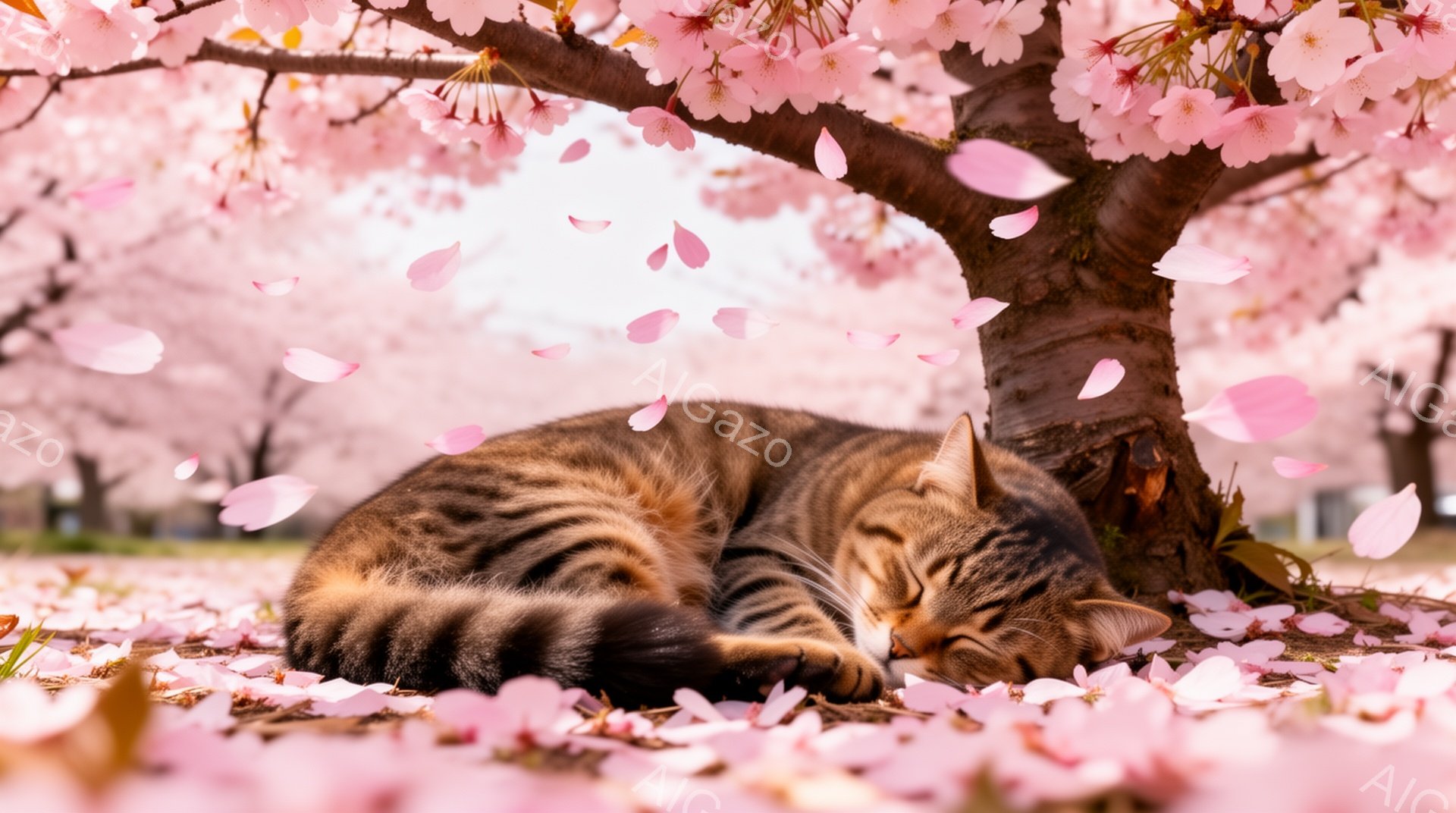 桜の木の下で眠る猫がいます。ピンク色の花びらが舞い、春の穏やかな雰囲気を演出しています。猫はリラックスして丸まって眠っており、平和な光景です。 - AI生成フリー素材