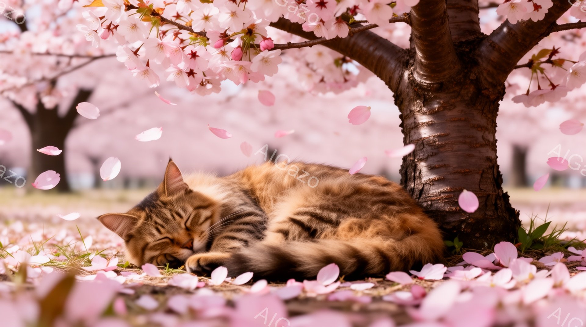 桜の木の下で、オレンジ色の縞模様の猫が丸くなって眠っています。 周りには桜の花びらが舞い散り、春の穏やかな雰囲気を醸し出しています。 緑の芝生と桜の木が猫の安らかな眠りを引き立てています。 - AI生成フリー素材