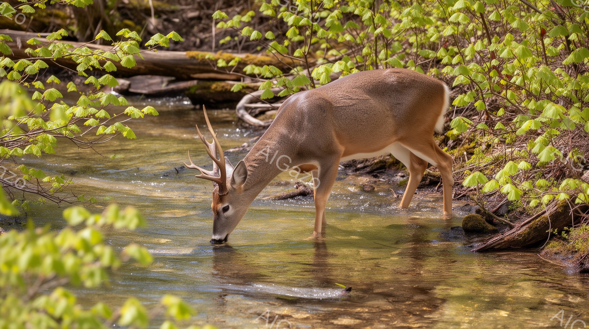 鹿が澄んだ川で水を飲んでいます。周囲は緑豊かな植物に覆われ、春の穏やかな雰囲気が漂っています。日差しが差し込み、水面がきらきらと輝き、生き生きとした自然の姿が捉えられています。 - AI生成フリー素材