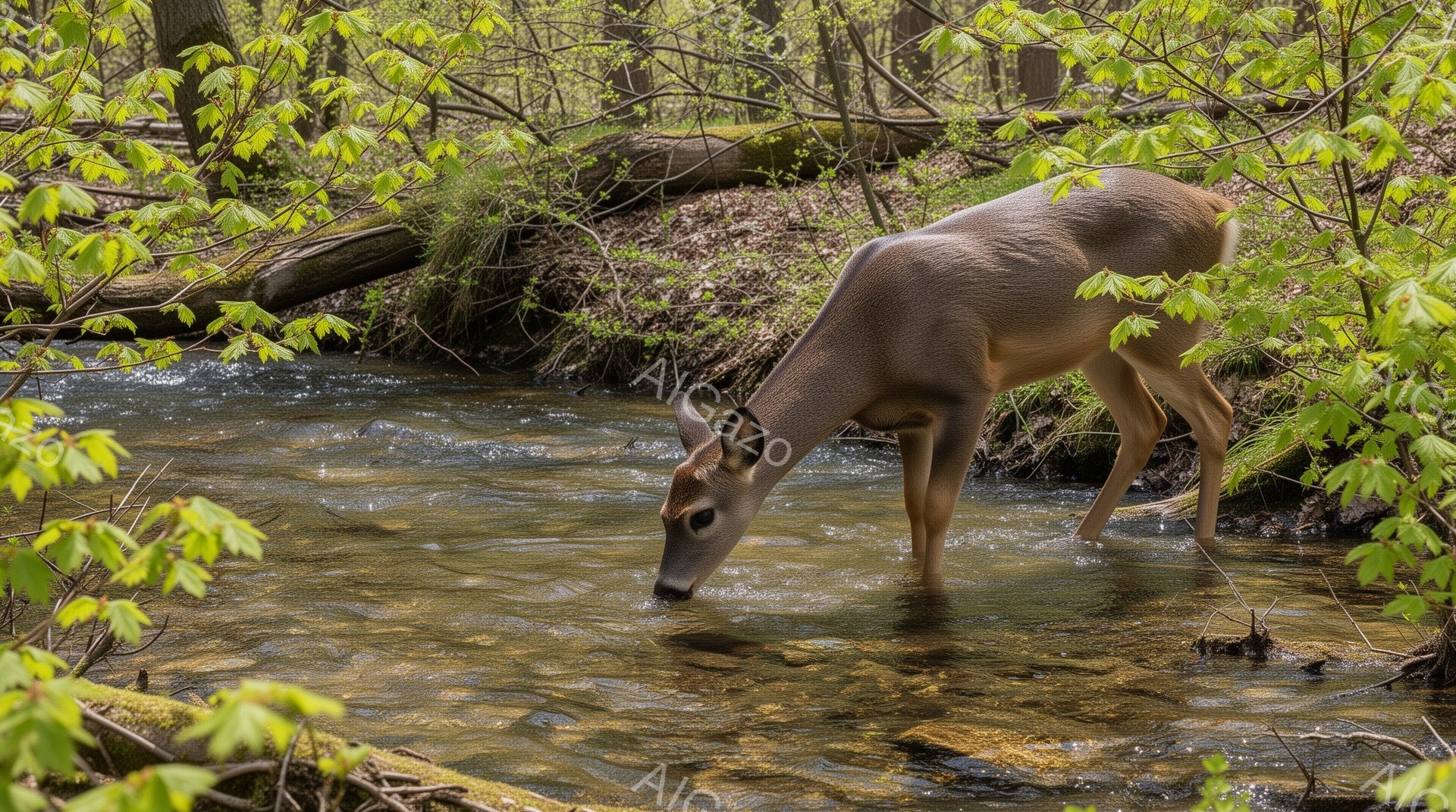 小川で水を飲む若いシカが写っている。緑豊かな森の中、日差しが差し込み、穏やかで平和な雰囲気が漂う。シカは落ち着いており、自然の中で生き生きと暮らしている様子が伝わる。