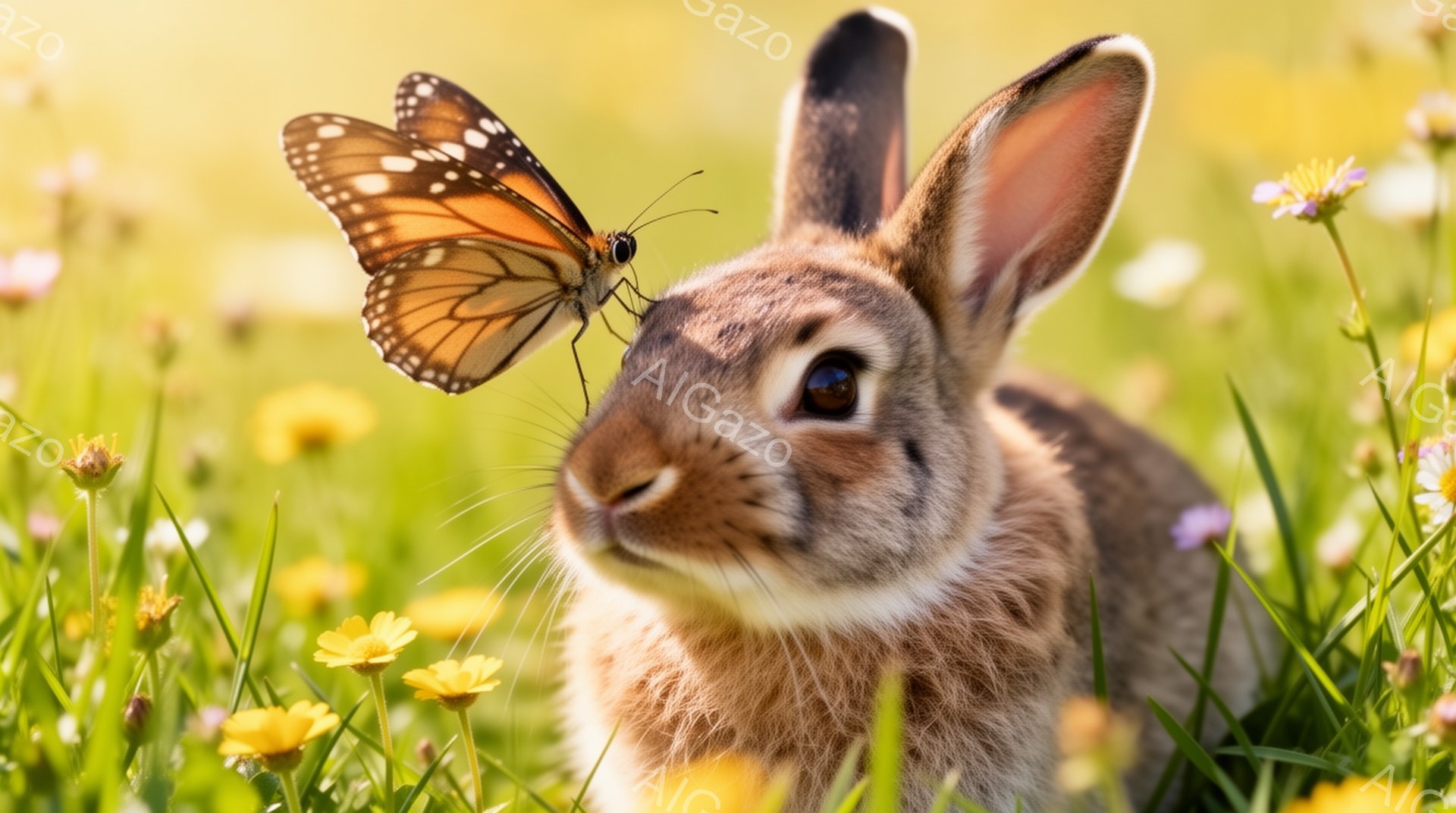 草原の中で、茶色いウサギが正面を見つめています。その鼻の上には、鮮やかなオレンジ色の蝶がとまっています。背景には黄色や紫の花が咲き乱れ、暖かく穏やかな雰囲気が漂っています。 - AI生成フリー素材