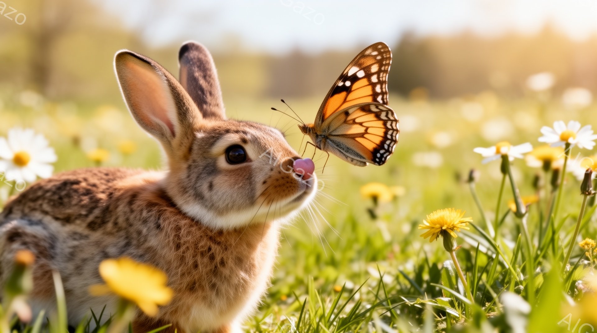 柔らかい光が差し込む草むらで、茶色のウサギがオレンジ色の蝶に鼻を近づけています。周りには黄色や白の小さな花が咲き乱れ、穏やかで暖かな雰囲気を醸し出しています。ウサギは好奇心と優しさに満ちた表情で、蝶と触れ合おうとしています。