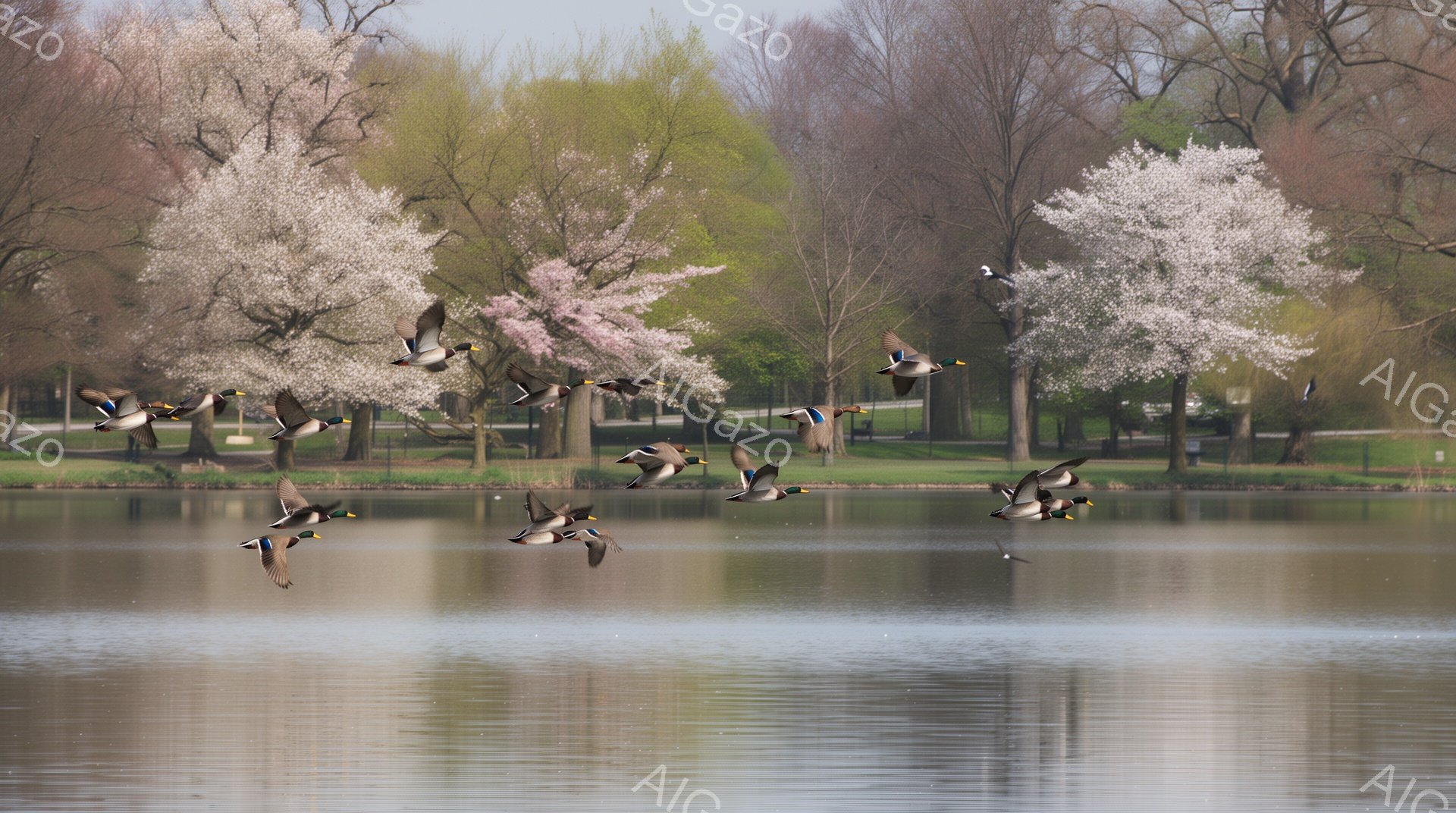 穏やかな湖面を多くの鴨が飛び交い、春の訪れを感じさせる風景です。背景には桜が咲き誇り、水面に映る鴨と桜のコントラストが美しいです。平和で穏やかな時間が流れているような、心安らぐ情景が広がります。 - AI生成フリー素材