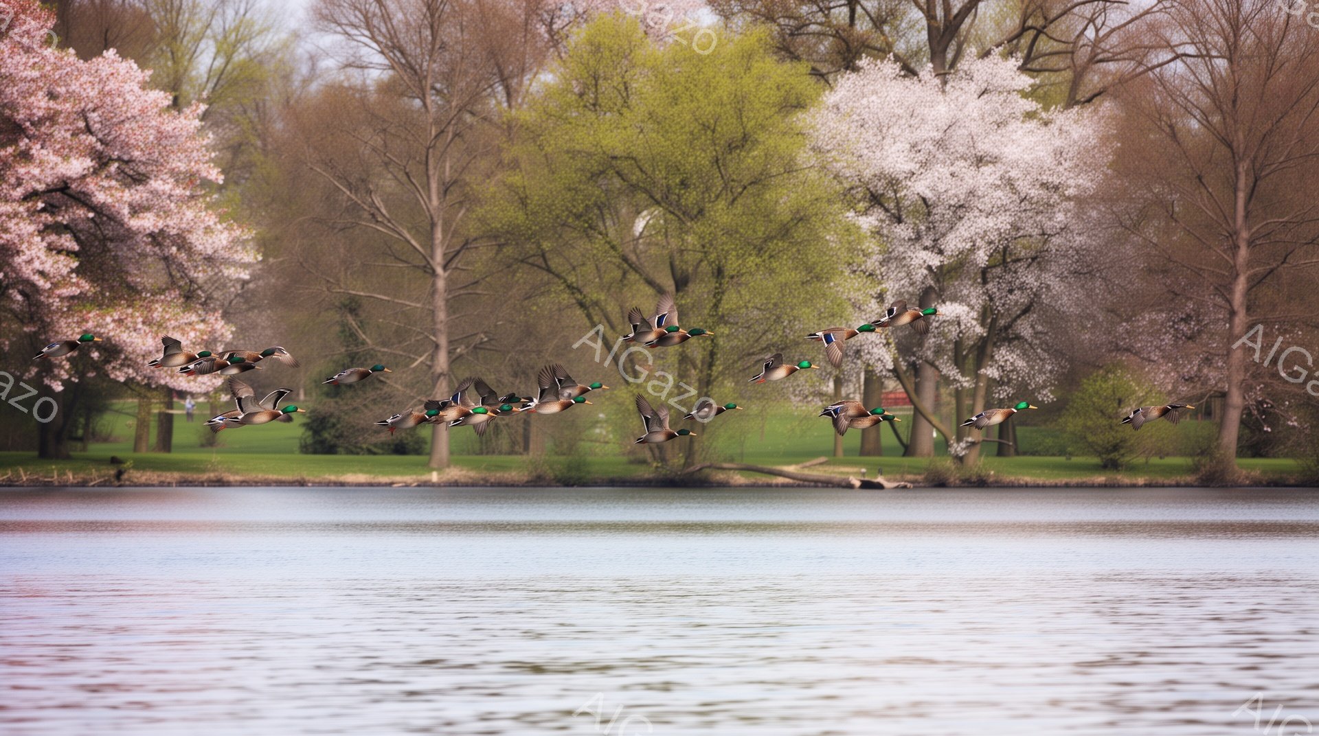 穏やかな湖面をマガモの一群が飛んでいる。背景には桜が咲き誇り、春の暖かさを感じさせる。水面に反射する鴨と桜のコントラストが美しい。 - AI生成フリー素材