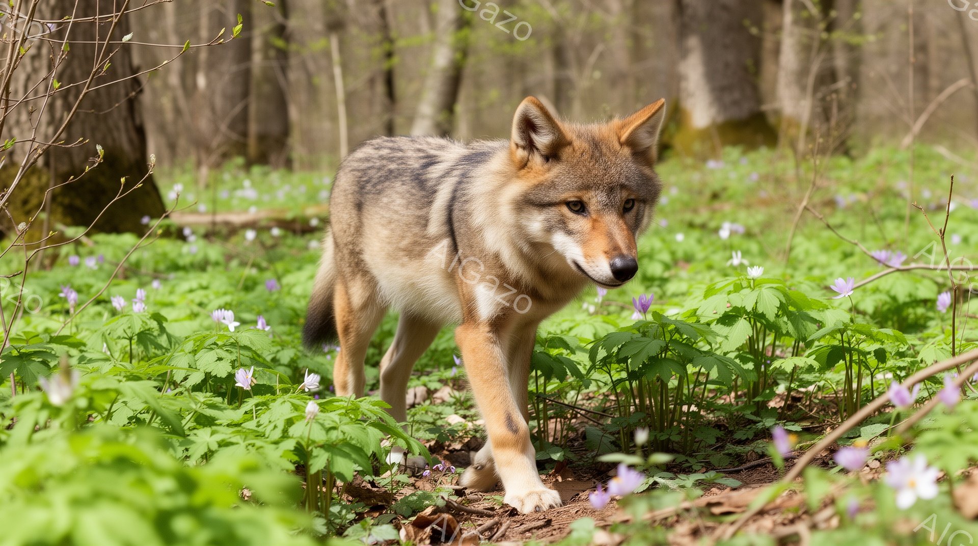 緑豊かな草原の中を、毛並みの美しいオオカミが歩いている。紫色の小さな花々が咲き乱れ、春の陽光が差し込む穏やかな光景だ。オオカミは前方をまっすぐ見つめ、警戒しながらも落ち着いた様子で歩を進めている。 - AI生成フリー素材