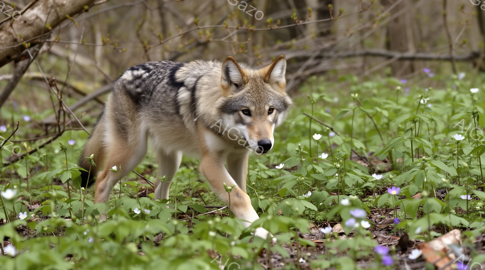 鬱蒼とした緑の中で、一匹のオオカミが前方を向いて歩いている。周囲には白い花が咲き乱れ、春の訪れを感じさせる。オオカミの鋭い眼差しと力強い歩みは、野生の生命力を表現している。 - AI生成フリー素材