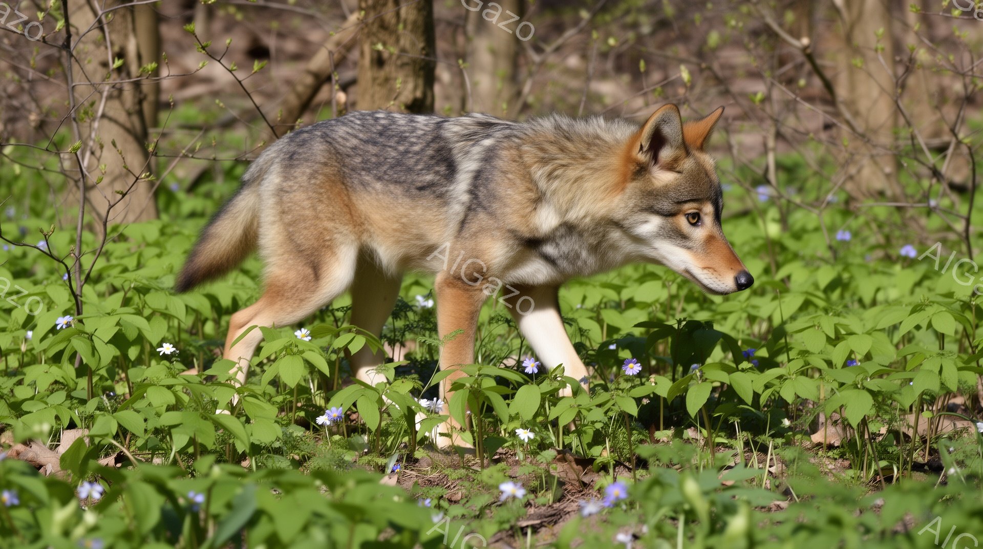 緑豊かな草地を、一匹のオオカミが歩いている。春の光が差し込み、周りには小さな青い花が咲き乱れている。オオカミは警戒した表情で前方を注視し、力強い姿を印象づけている。